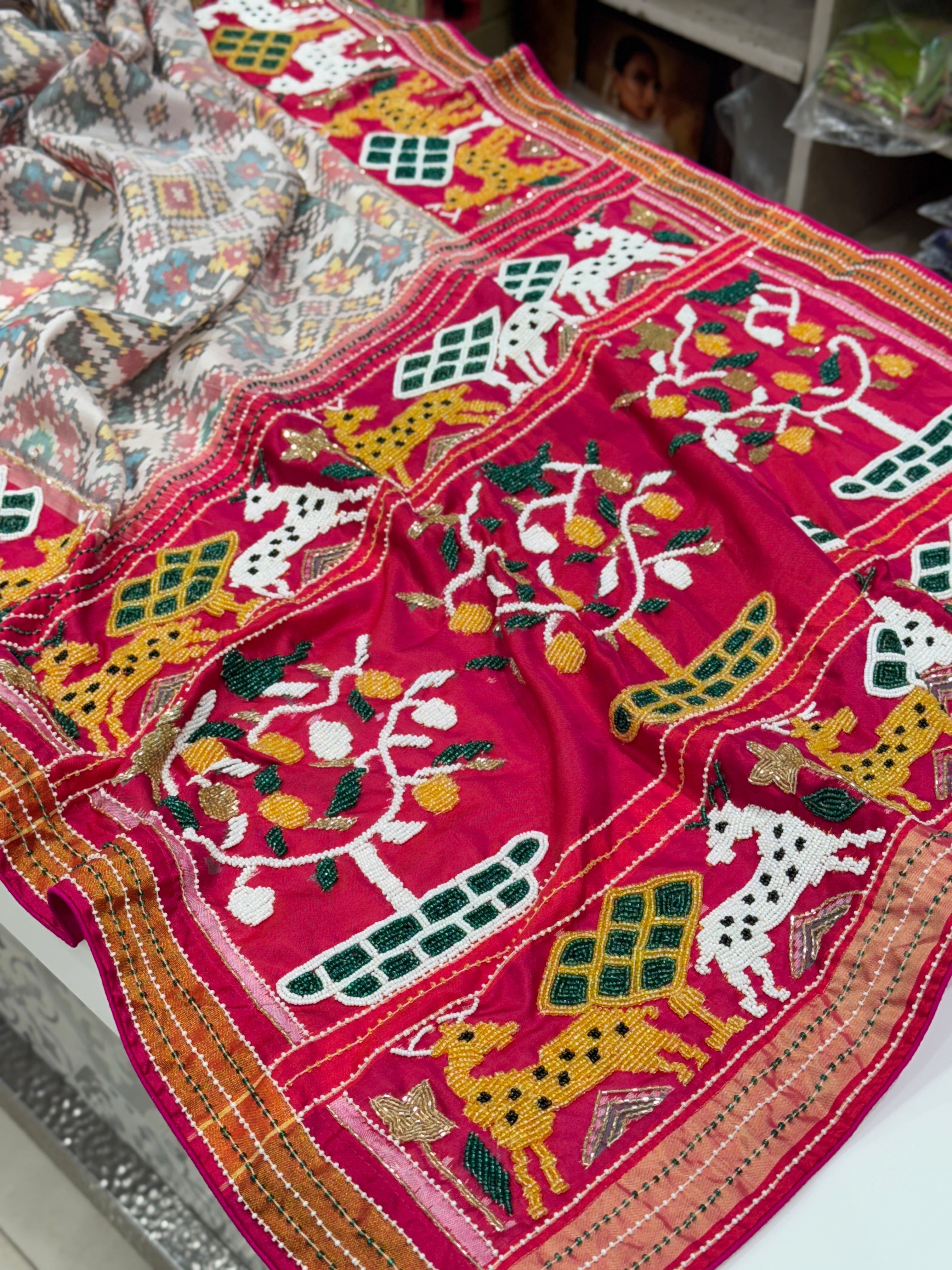 Handloom Patola with Moti Embroidery