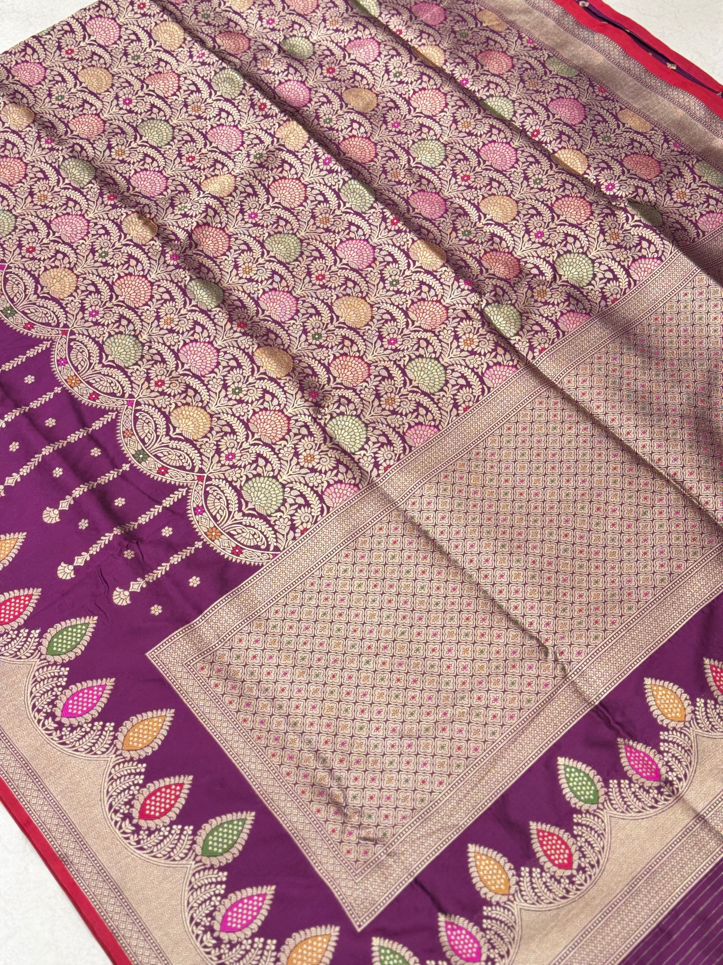 Wine Banarasi Silk Brocade Meena Jaal Saree