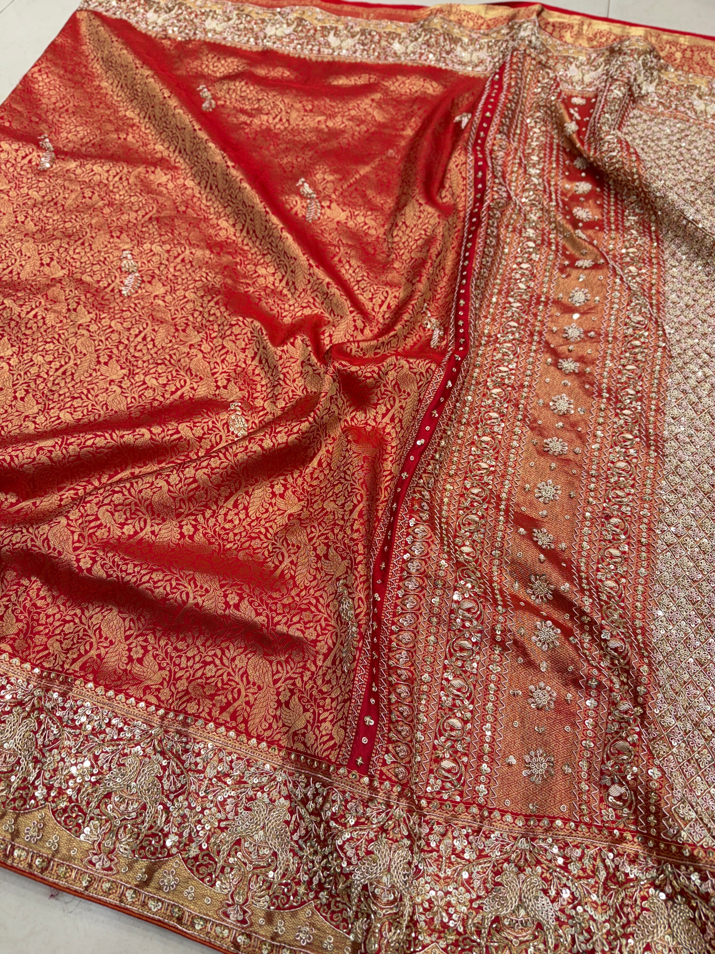 Red Kanjivaram Peacock Motif Hand Embroidery Zardosi Saree