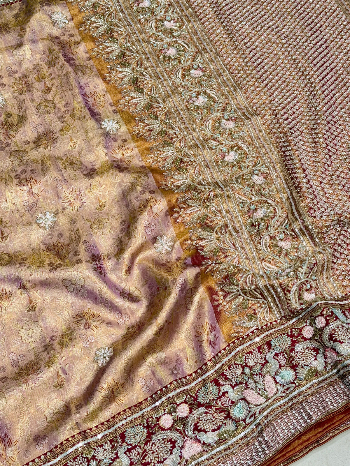 Light Pink Meenakari Jaal Kanjivaram Moti Zardosi Hand Embroidery Saree