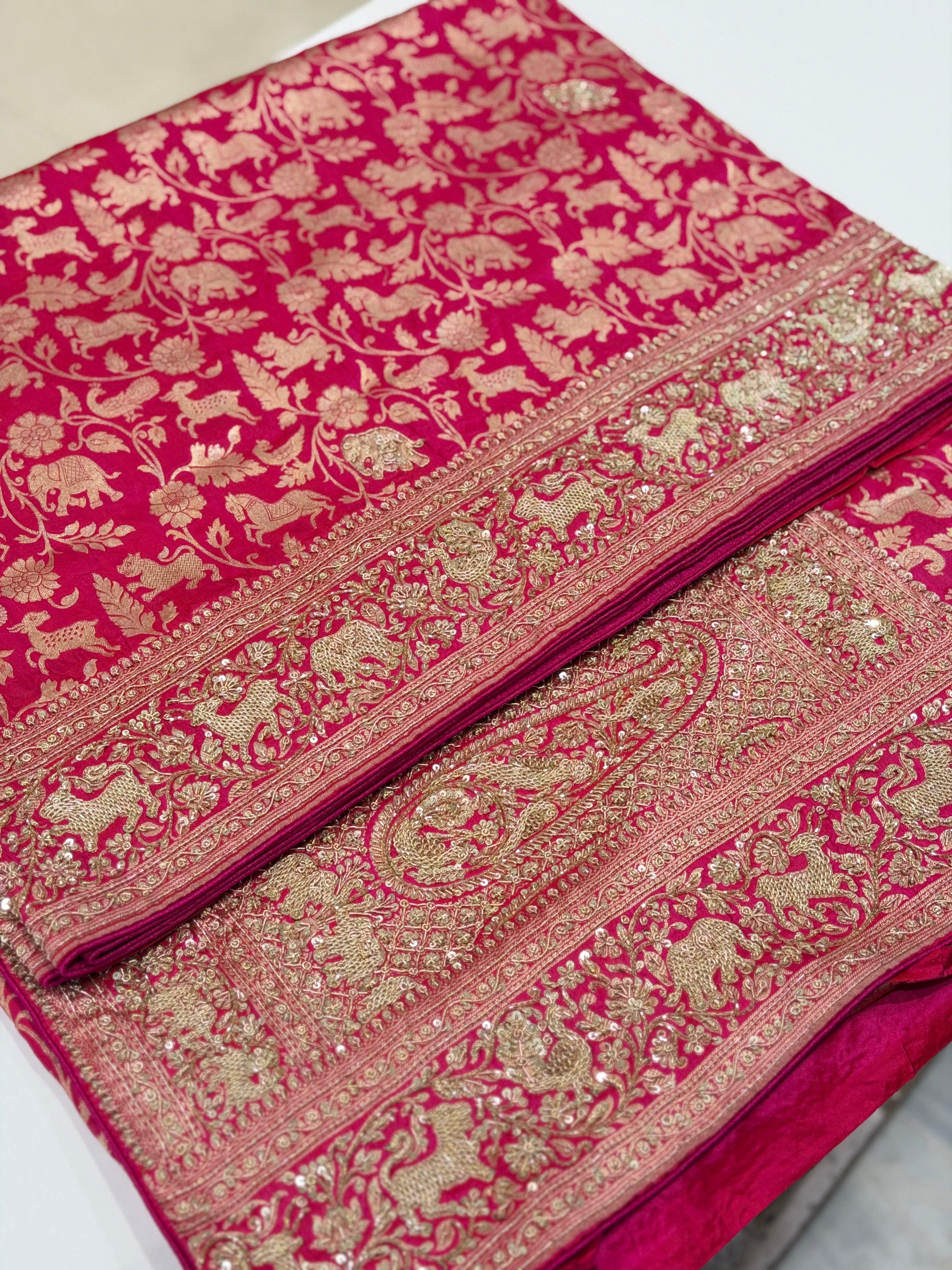 Rani Pink Banarasi Shikara Zardosi Hand Embroidery Saree