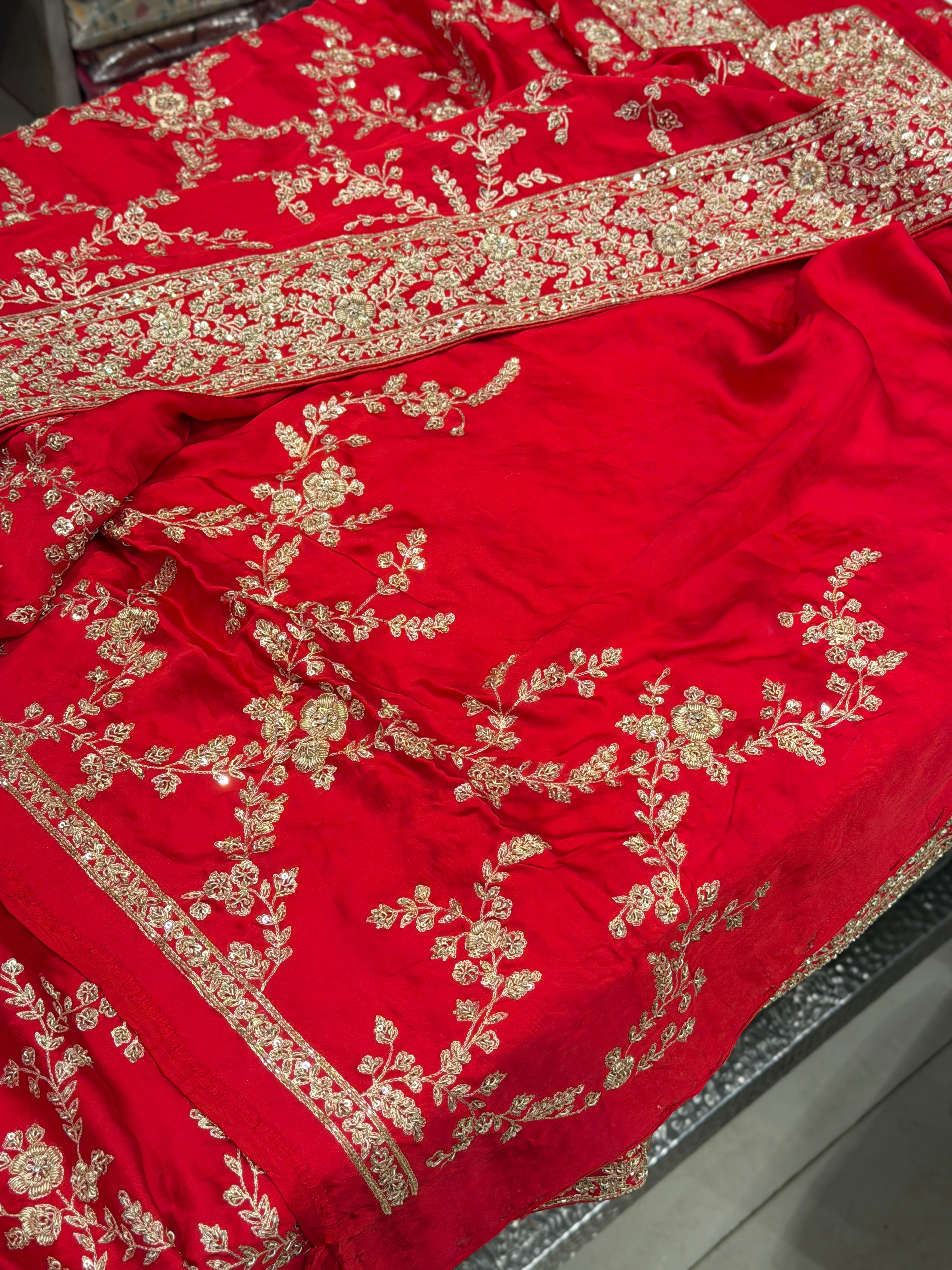 Red Pure Satin Silk Zardosi Hand Embroidery Jaal Saree