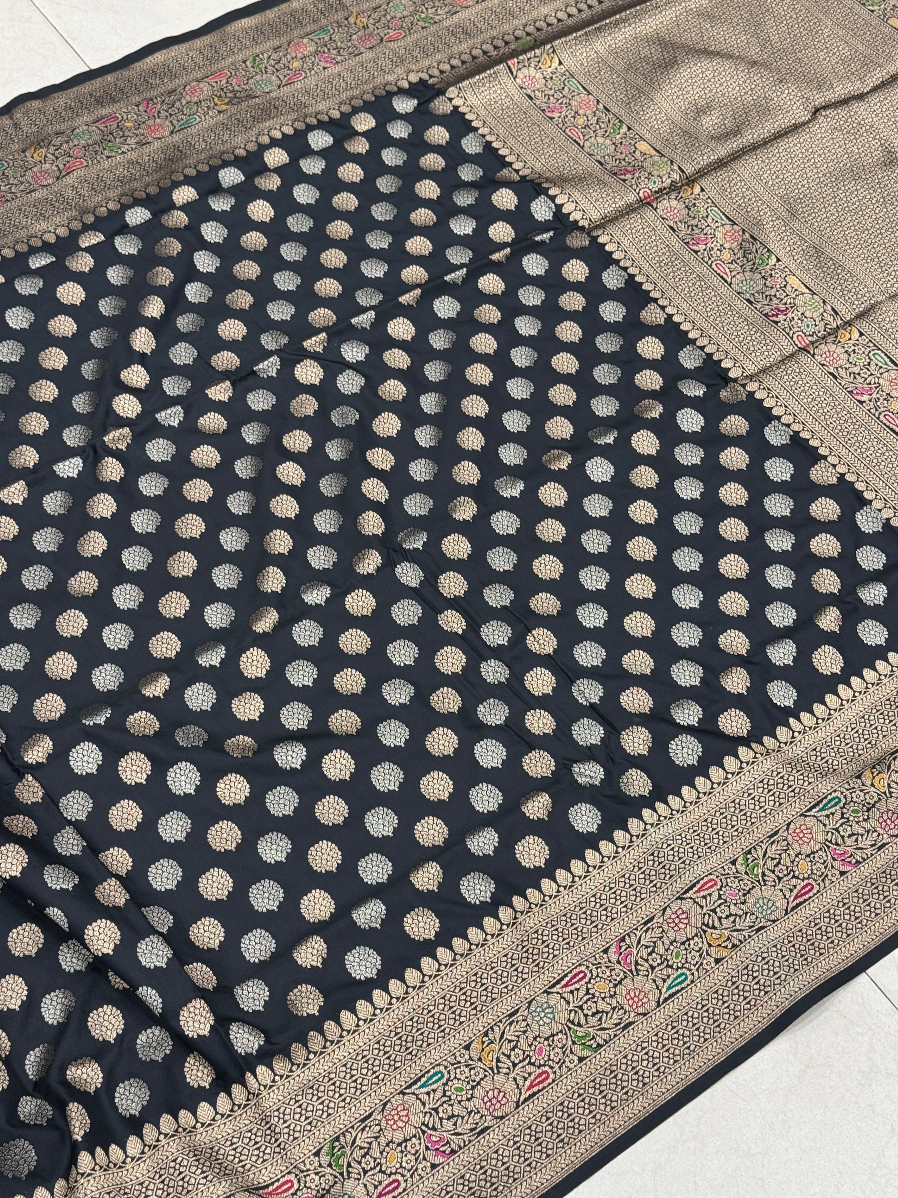Black Butti Banarasi Silk Meena Border Saree