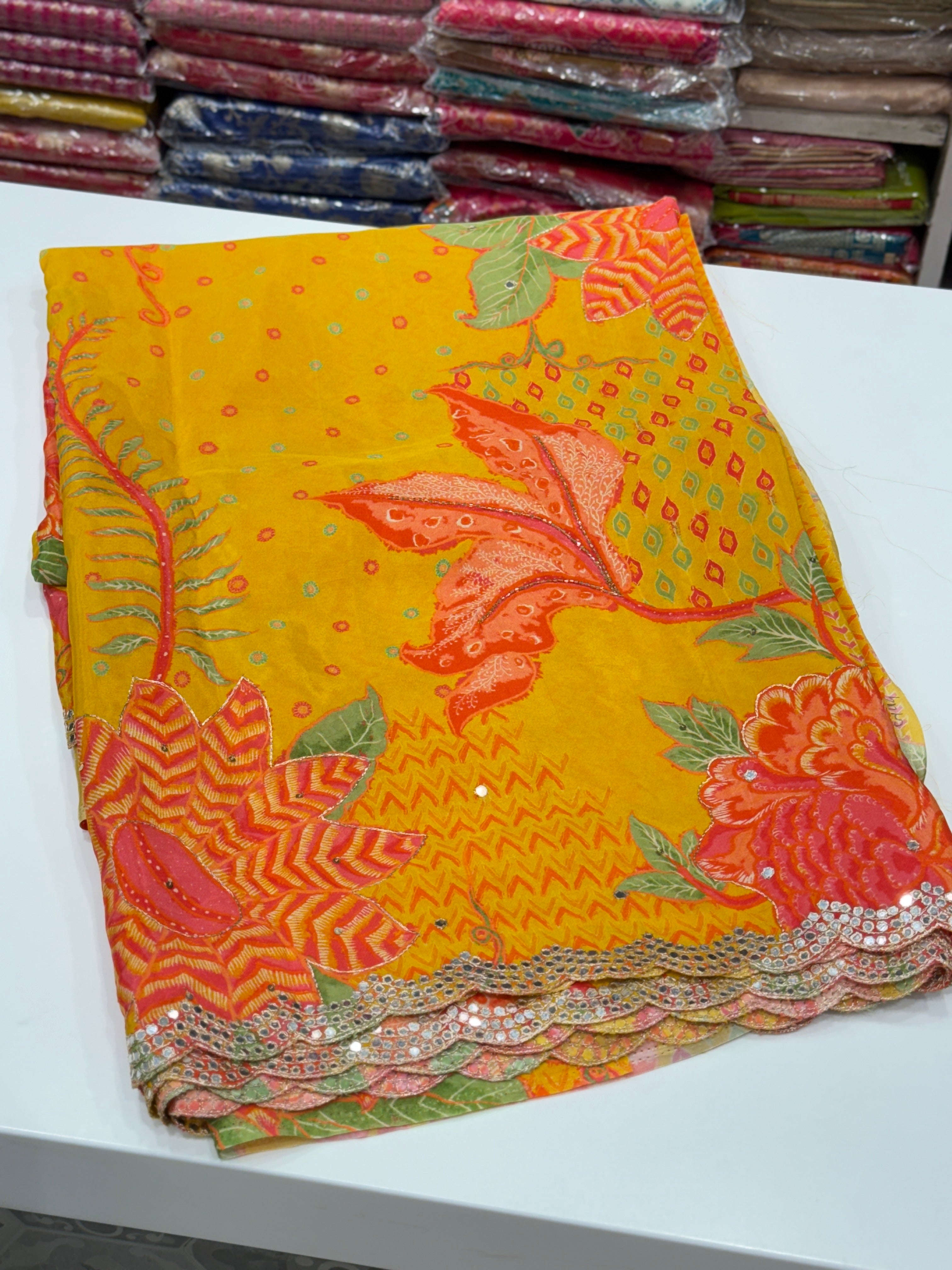 Yellow Floral Muslin Printed Saree