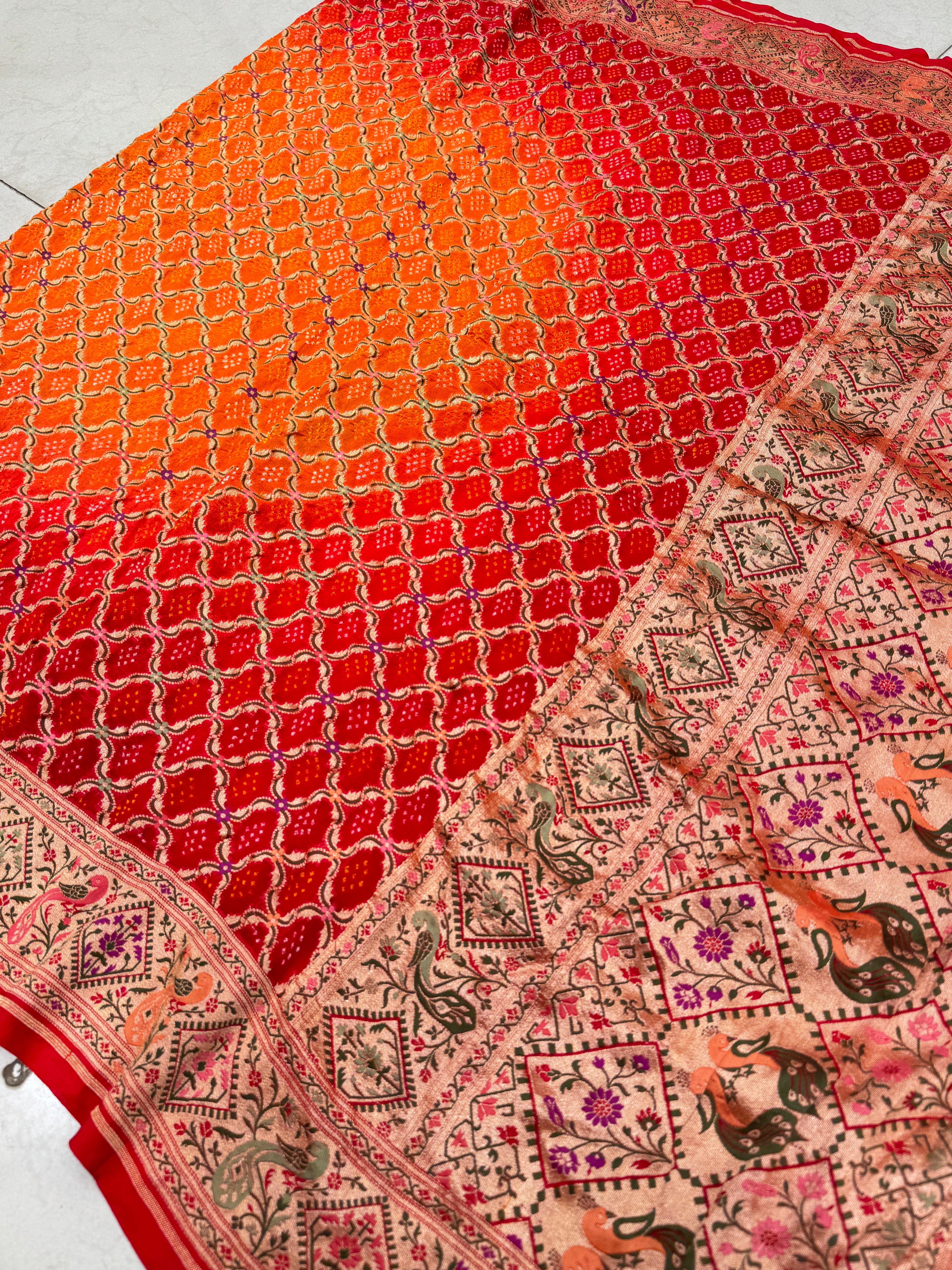 Shaded Orange Red Bandhej Meenakari Saree Rani Bandhej