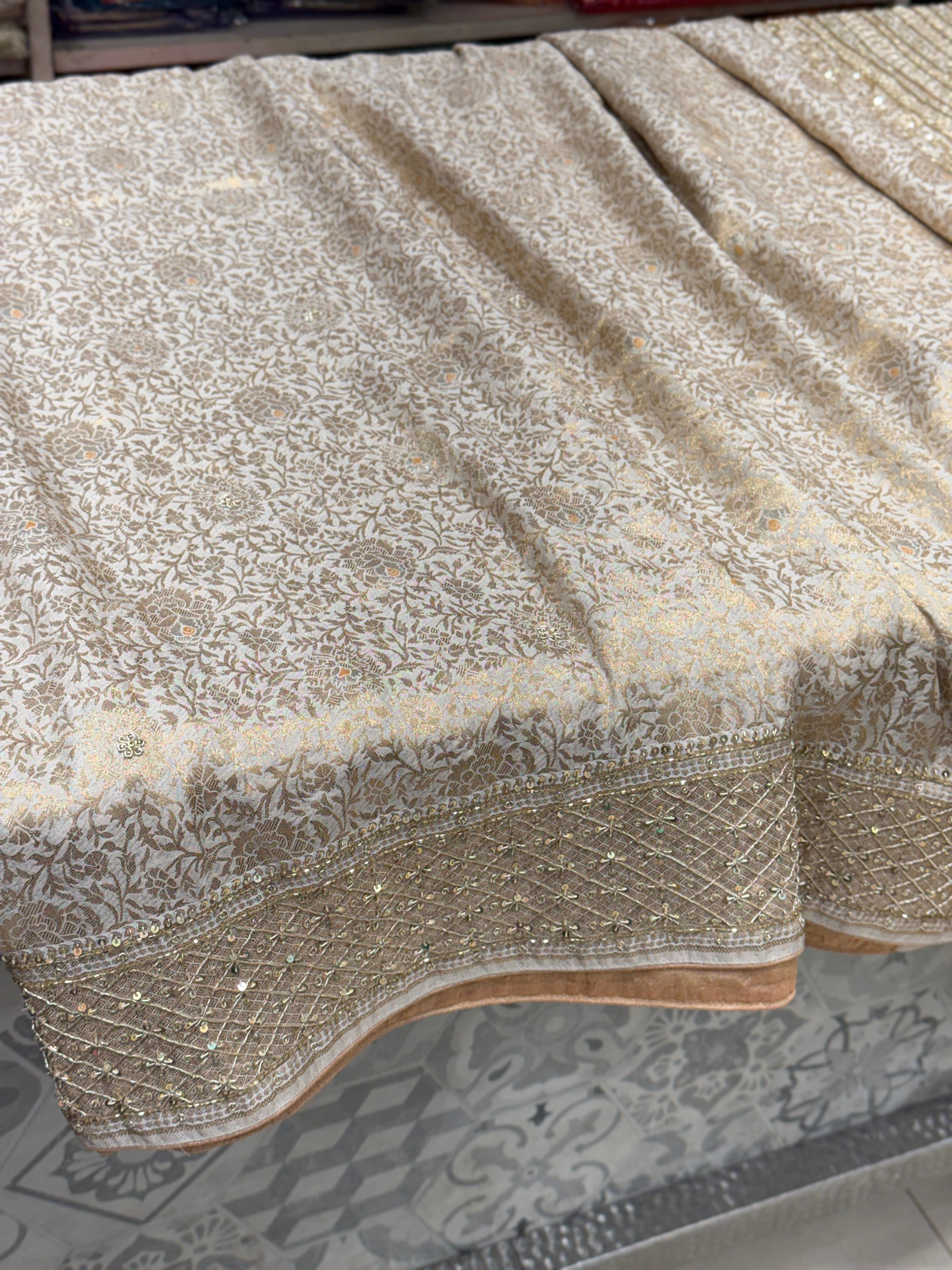 Beige Banarasi Crepe Tissue Zardosi Hand Embroidery Saree