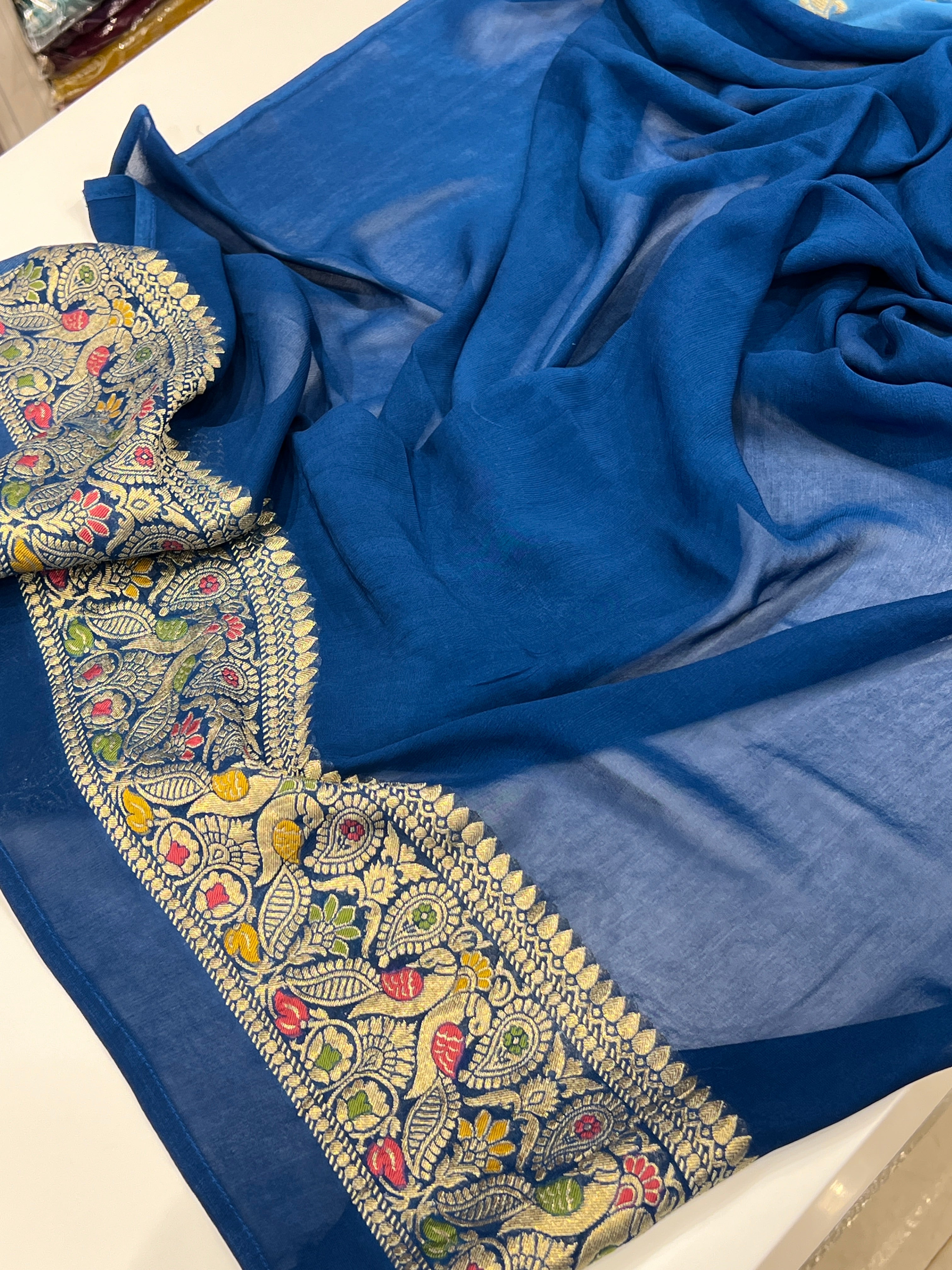 Shaded Blue Woven Bandhej Gharchola Saree