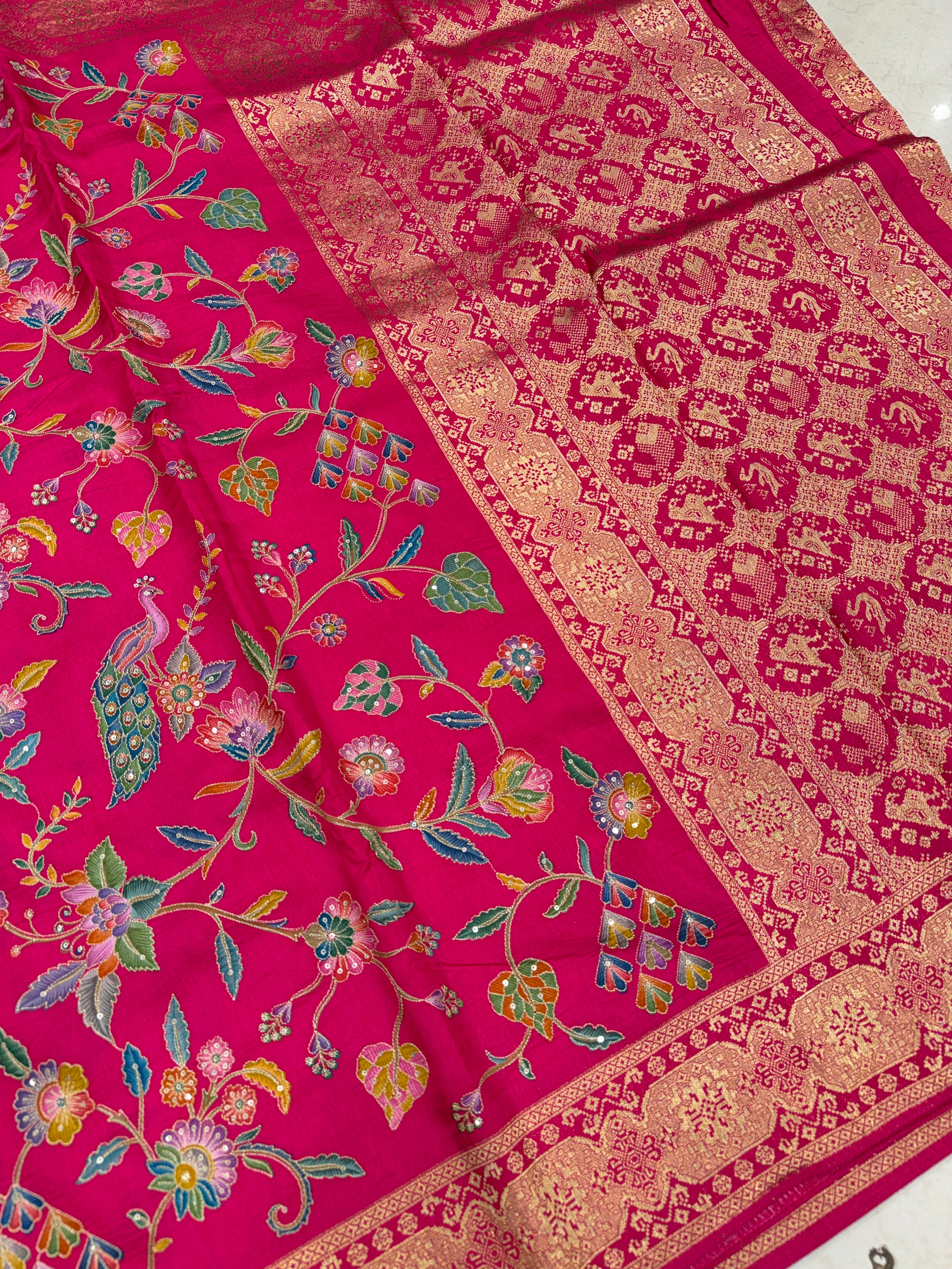 Rani Pink Patola Pallu Banarasi Munga Pita Embroidery Saree