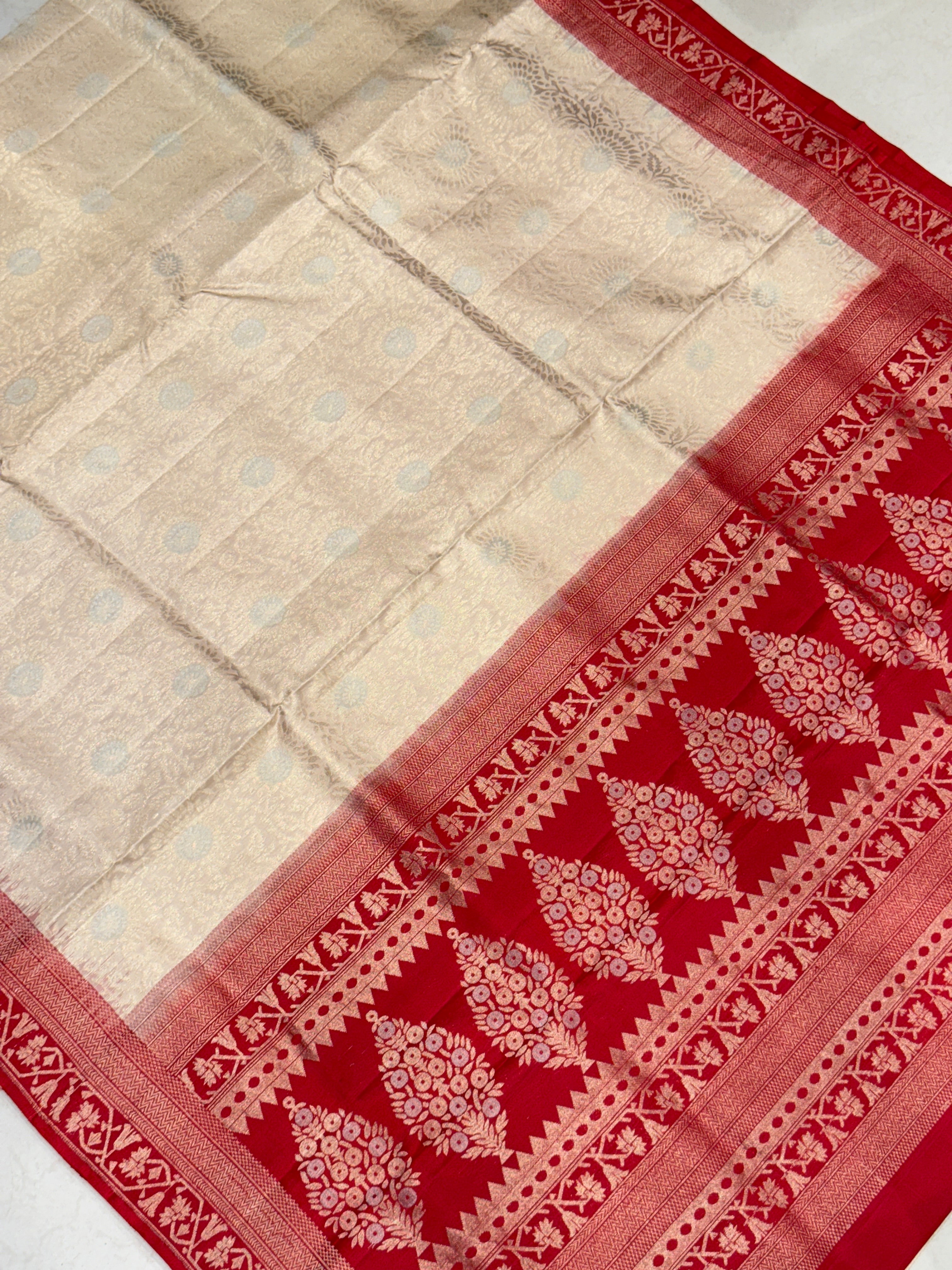 Beige Red Brocade Jaal Handloom Kanchipuram Pure Silk Saree