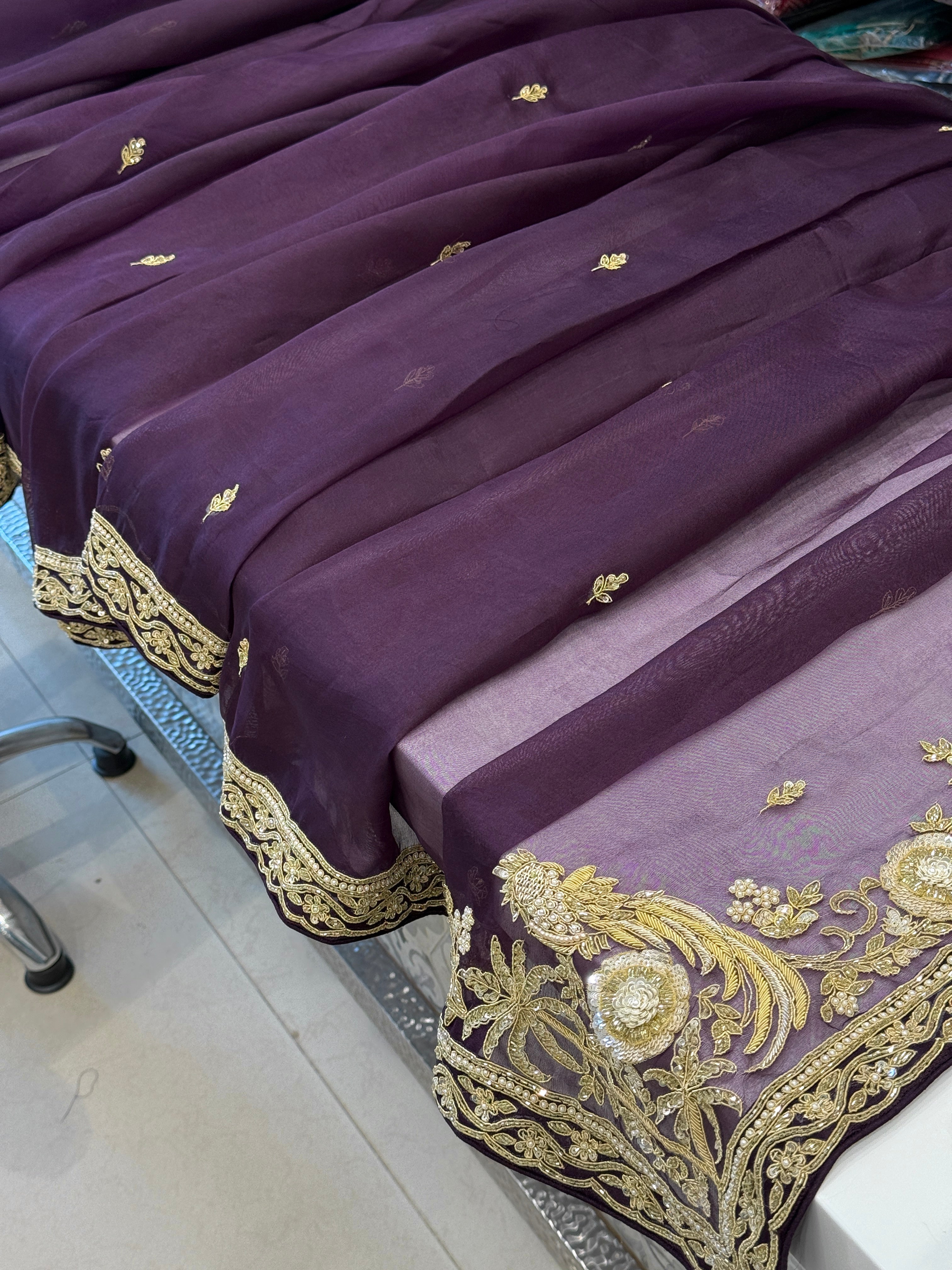 Dark Wine Organza Zardozi Hand Embroidery Saree