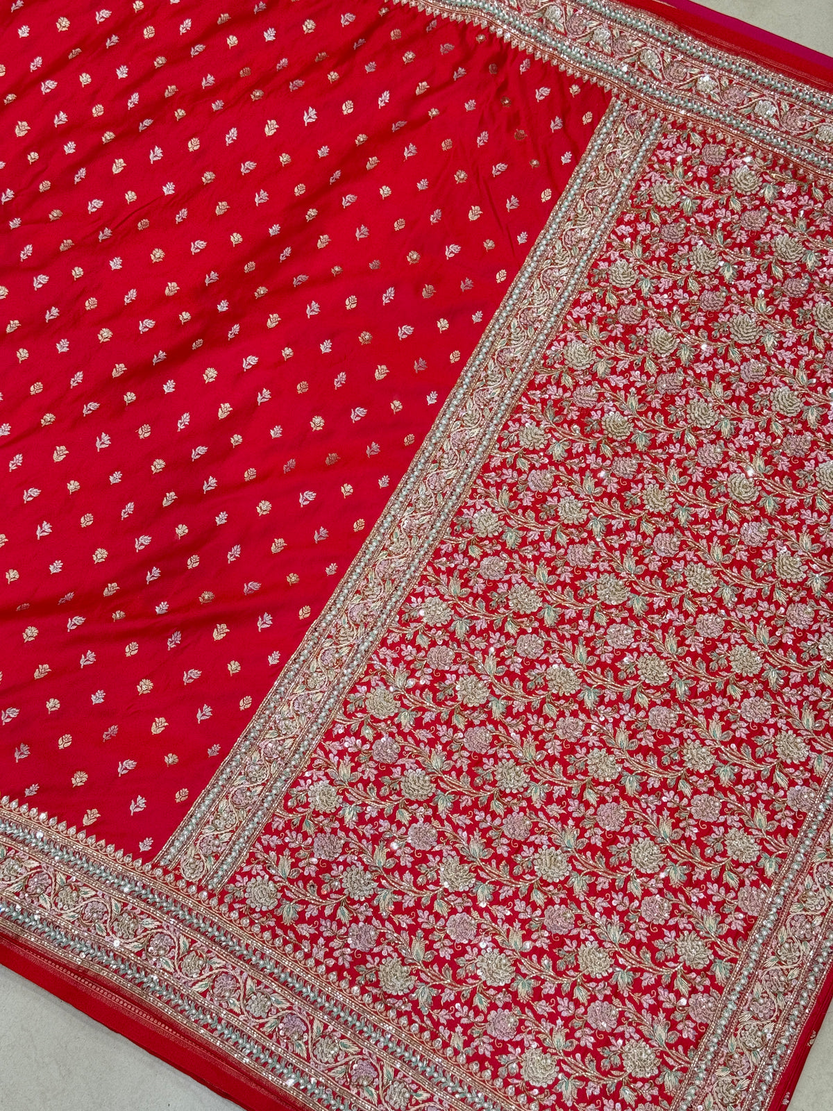 Red Banarasi Silk Sliver Golden Butti Fancy Embroidery Saree