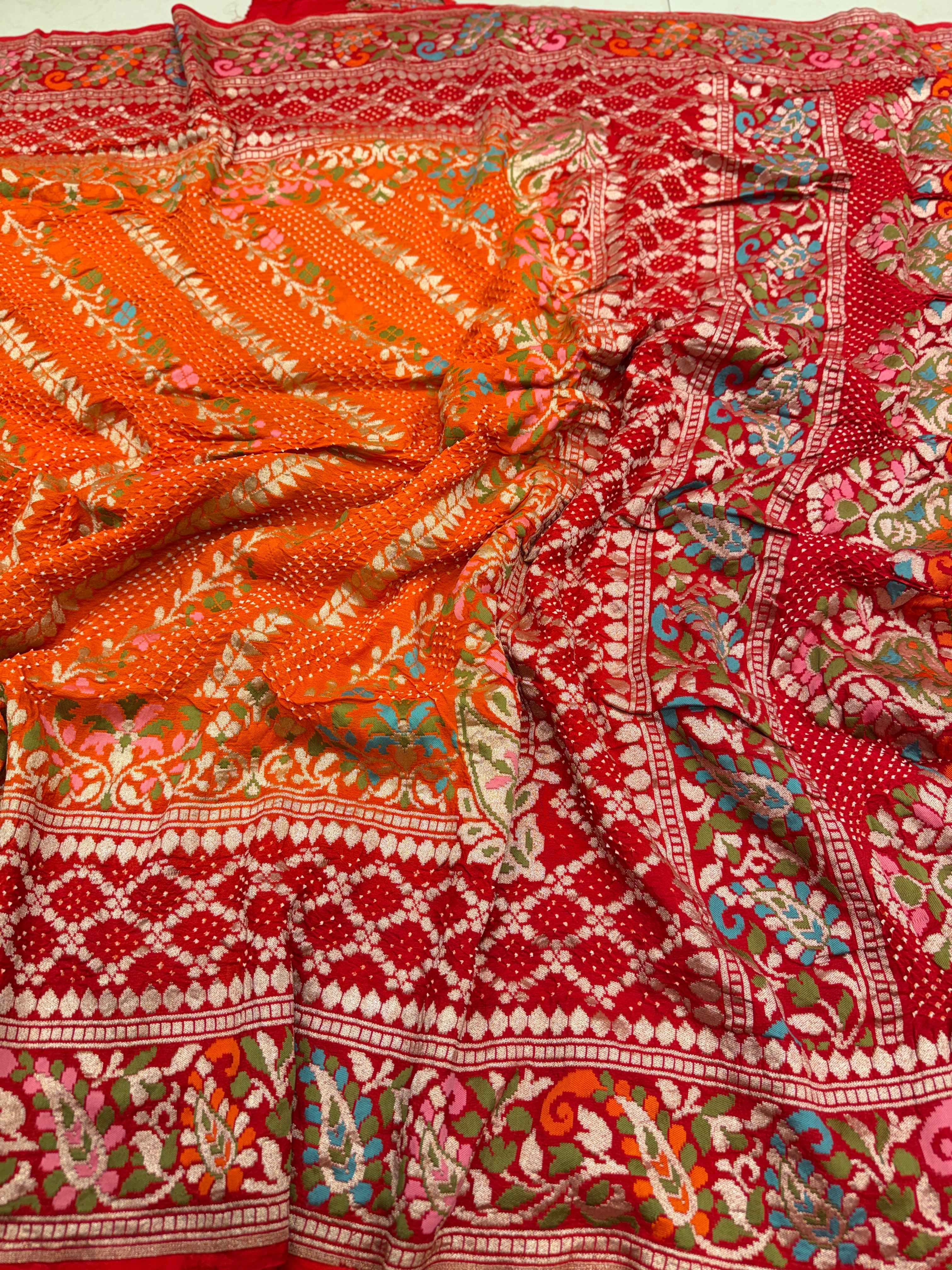 Orange Red Shaded Pashmina Style Double Border Meenakari Rai Bandhej Georgette Saree