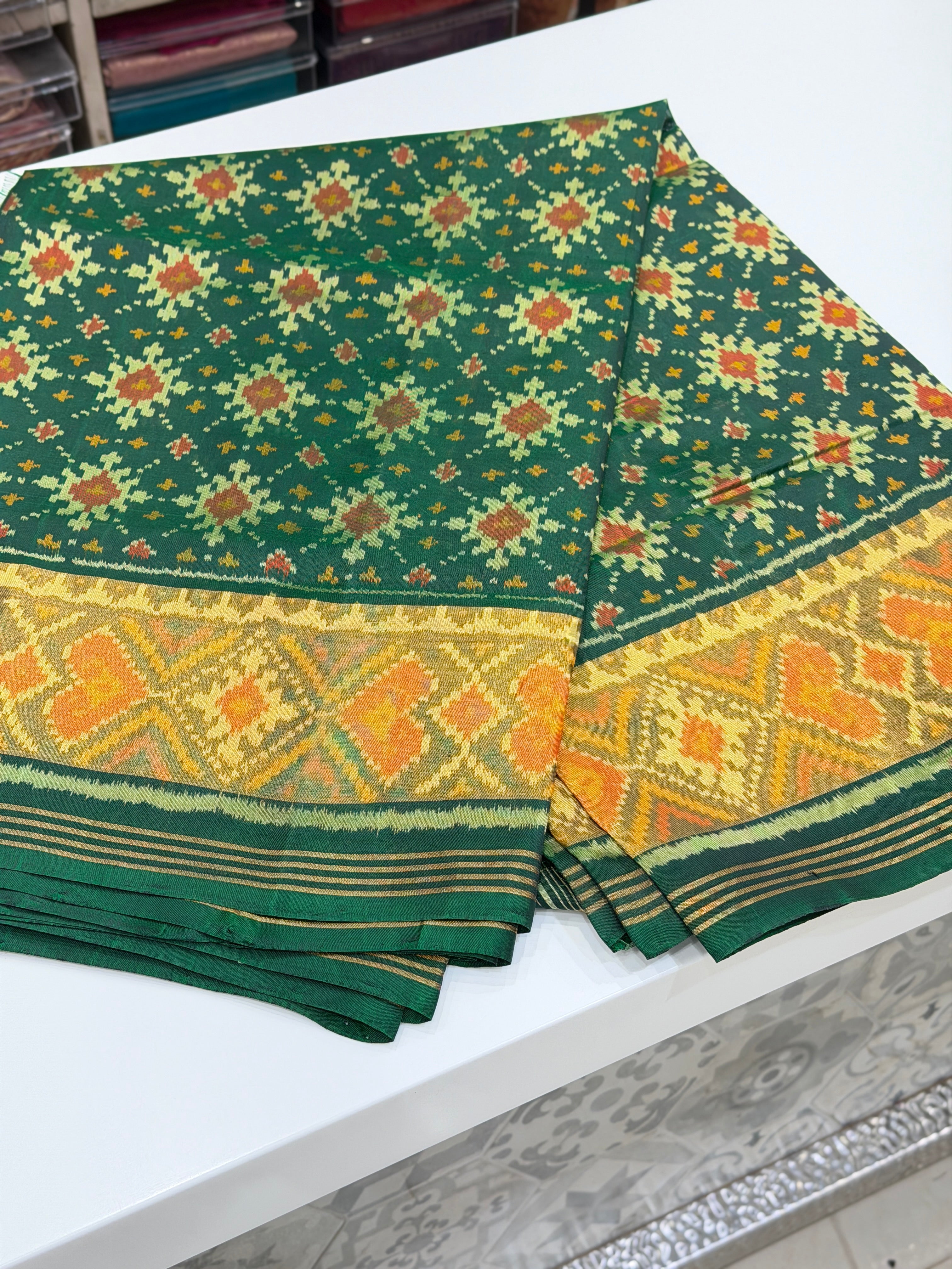 Bottle Green Chokta Bhat Pure Silk Patan Patola Handloom Saree