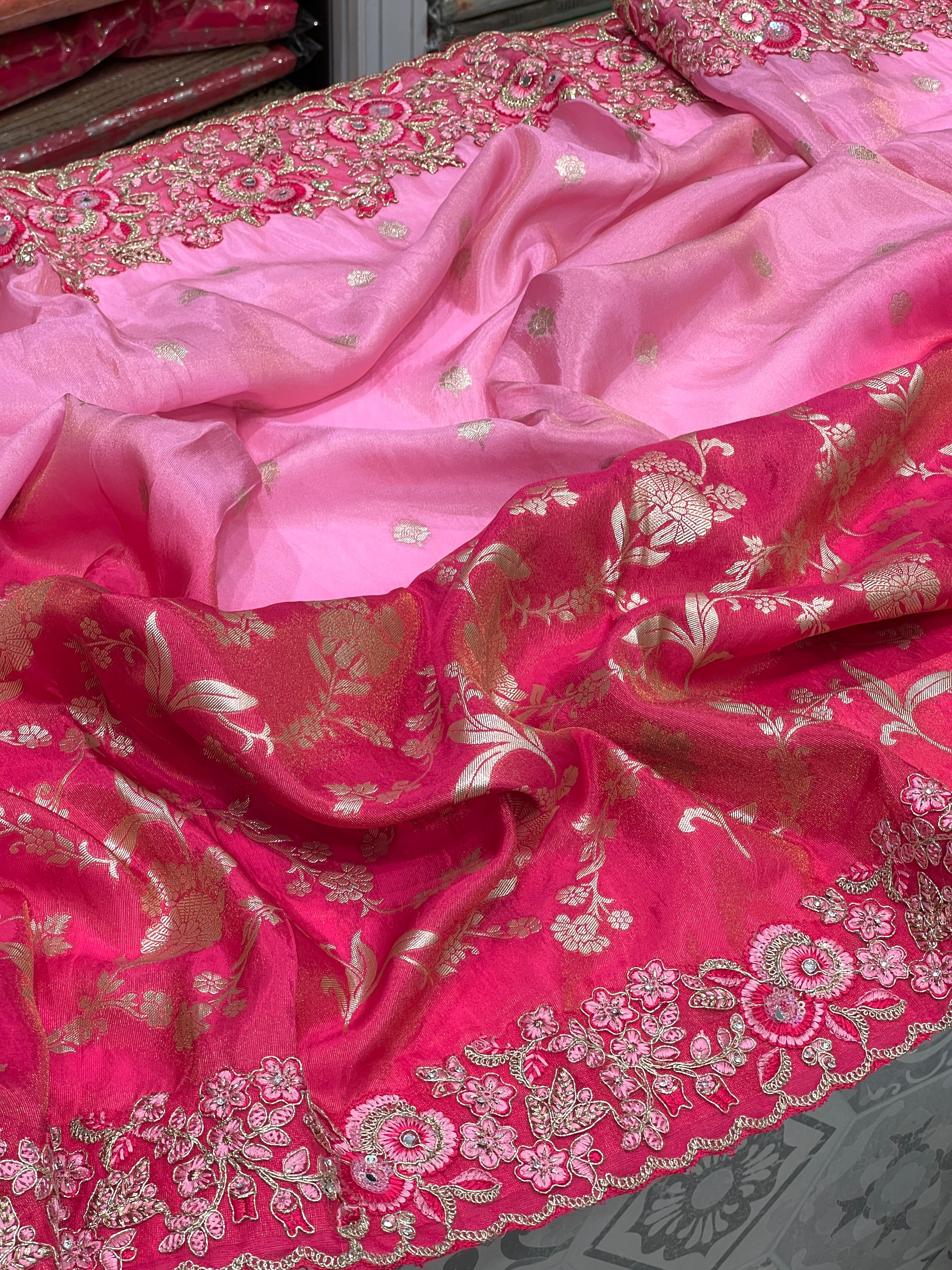 Rani Shaded Crepe Tissue Embroidery Saree