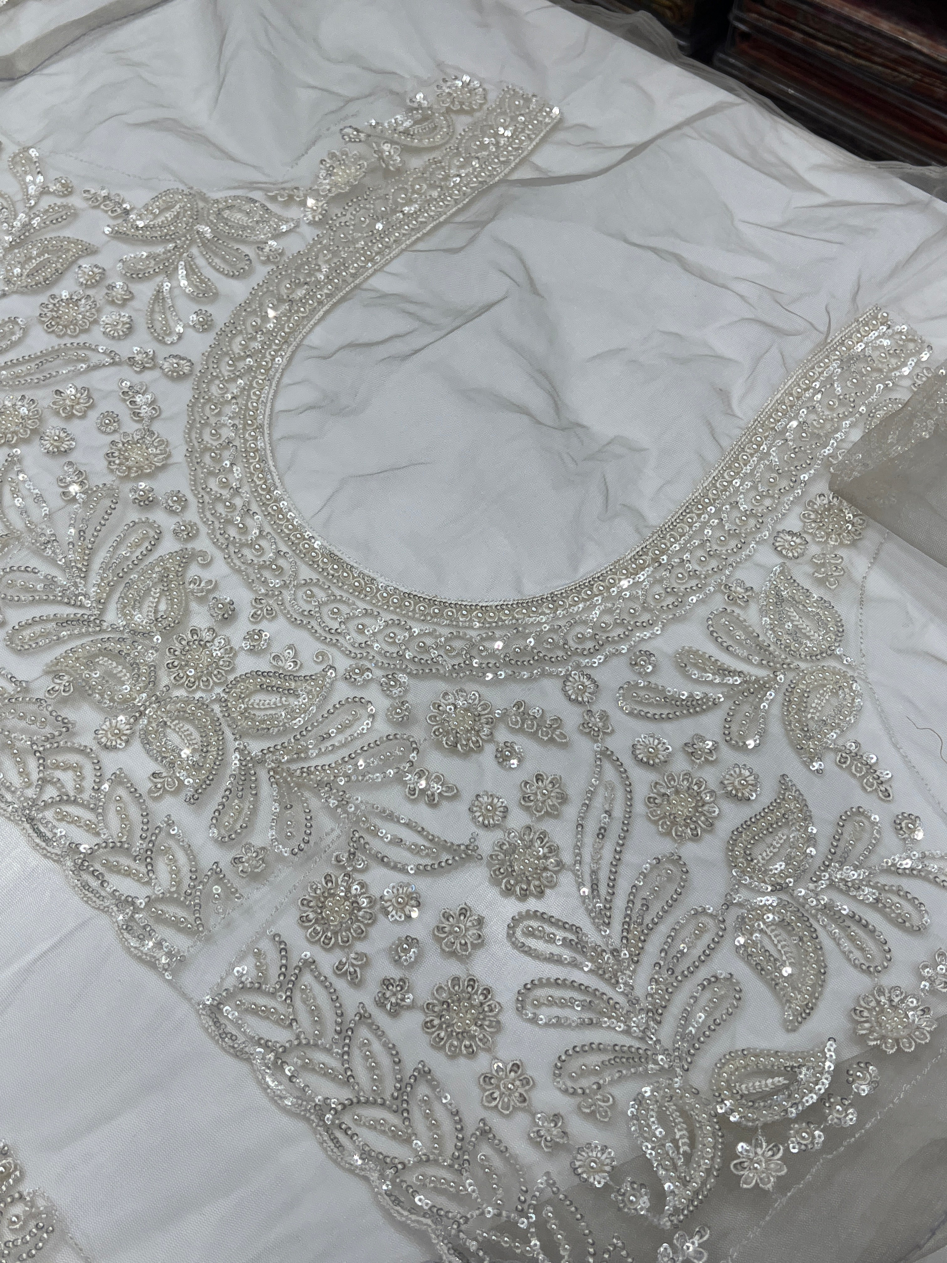 Champagne Resham Moti Jaal Net Embroidery Saree Heavy Blouse