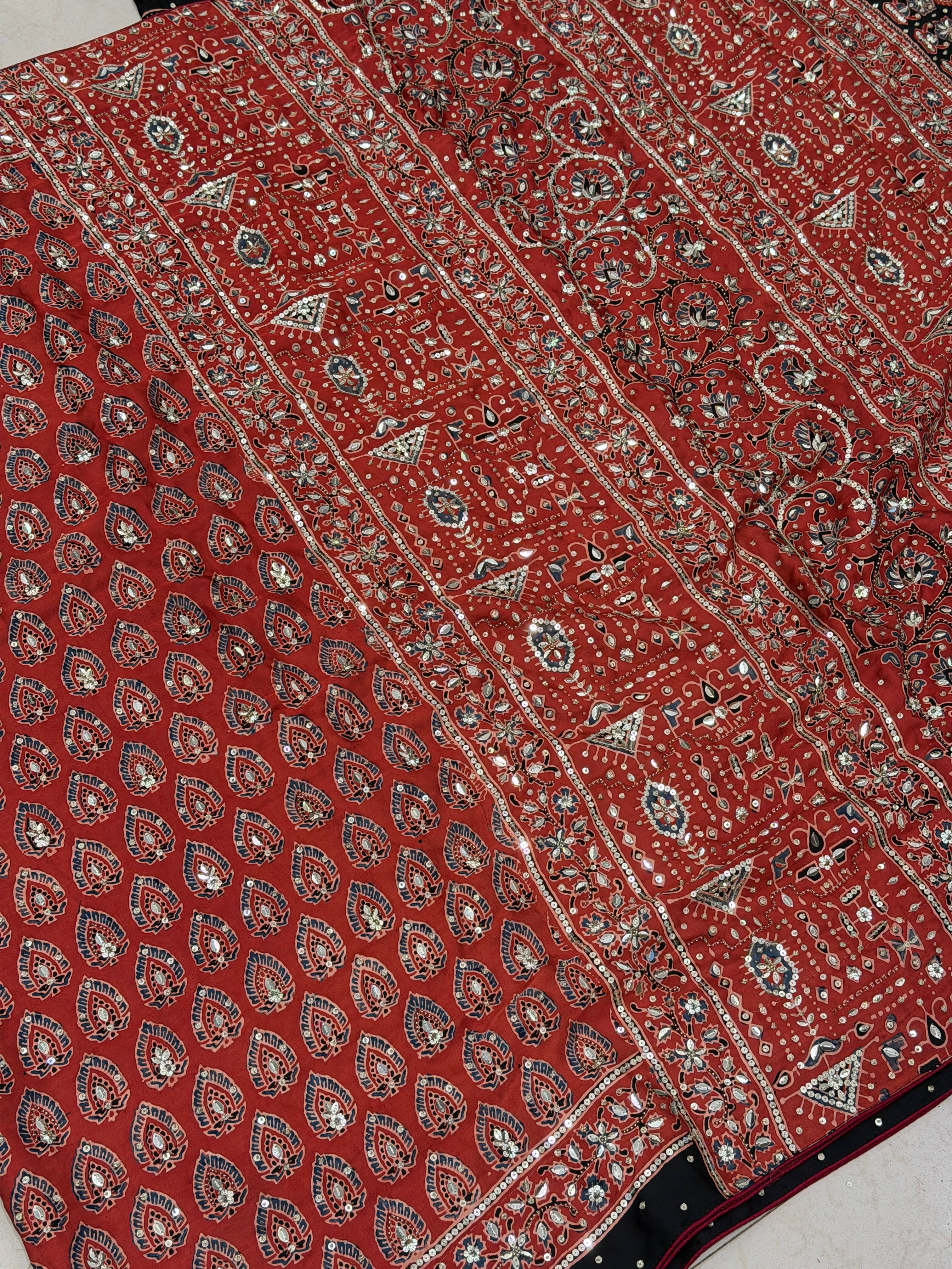 Red Butti Ajrakh Sequin Moti Hand Embroidery Saree