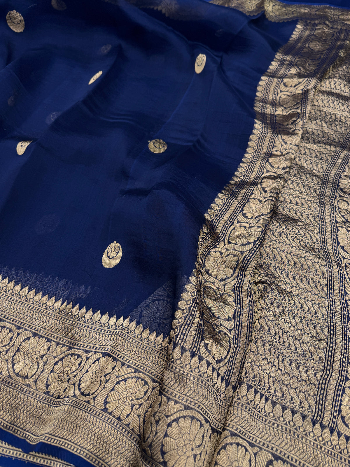 Blue Chand Buttis Handloom Banarasi Kora Silk Saree