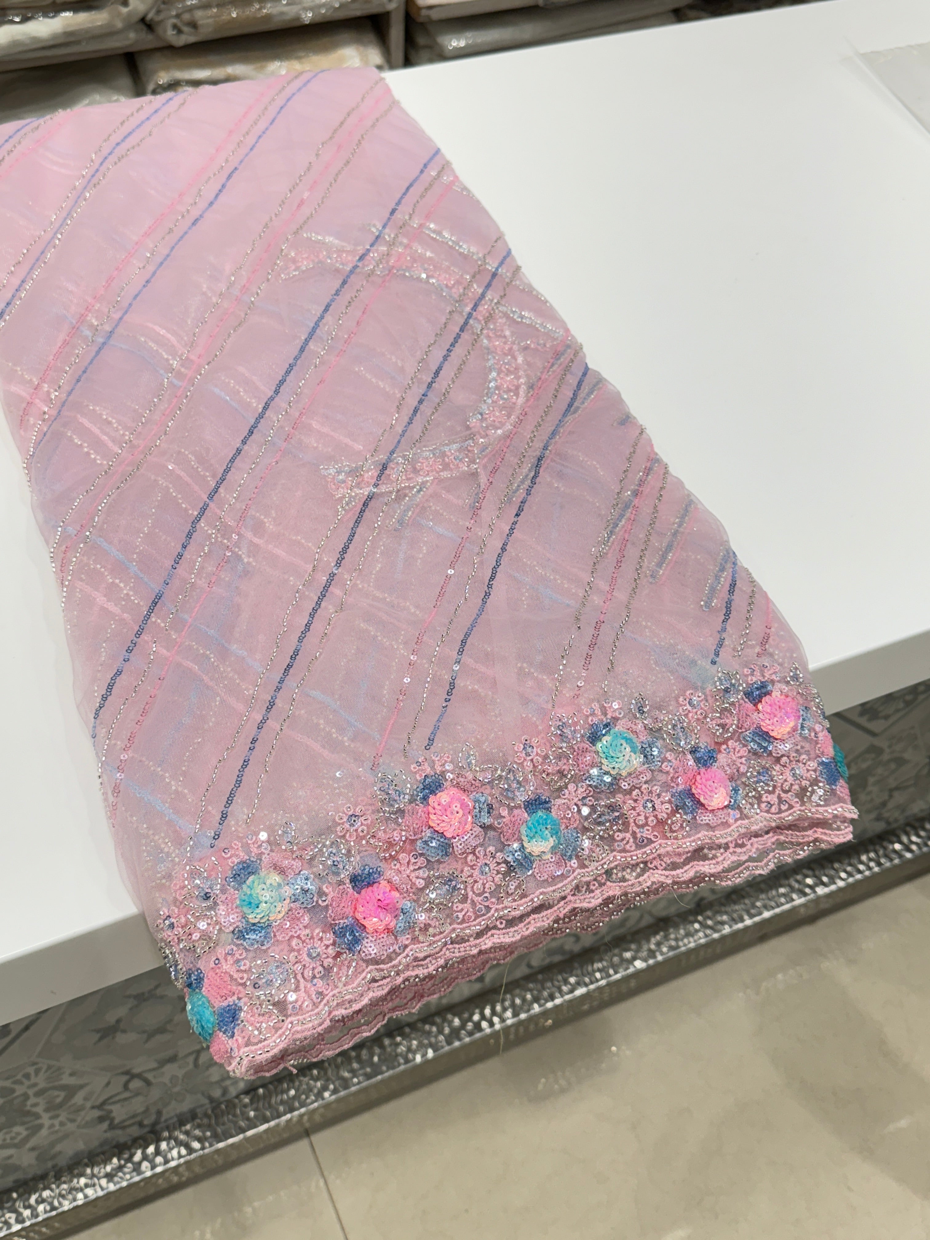 Pink Multi Sequin Net Hand Embroidery Saree