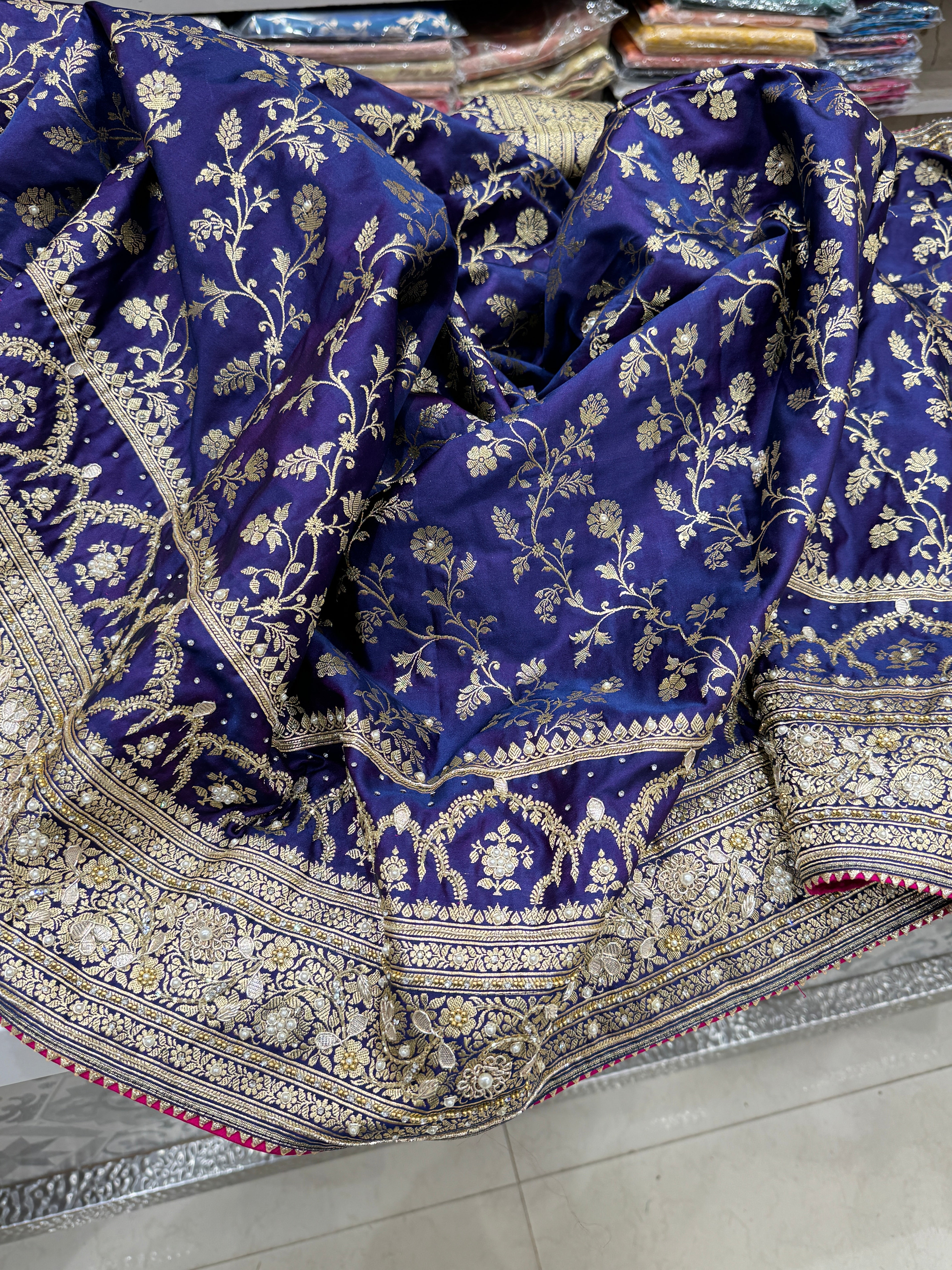 Cross Violet Banarasi Silk Hand Embroidery Saree