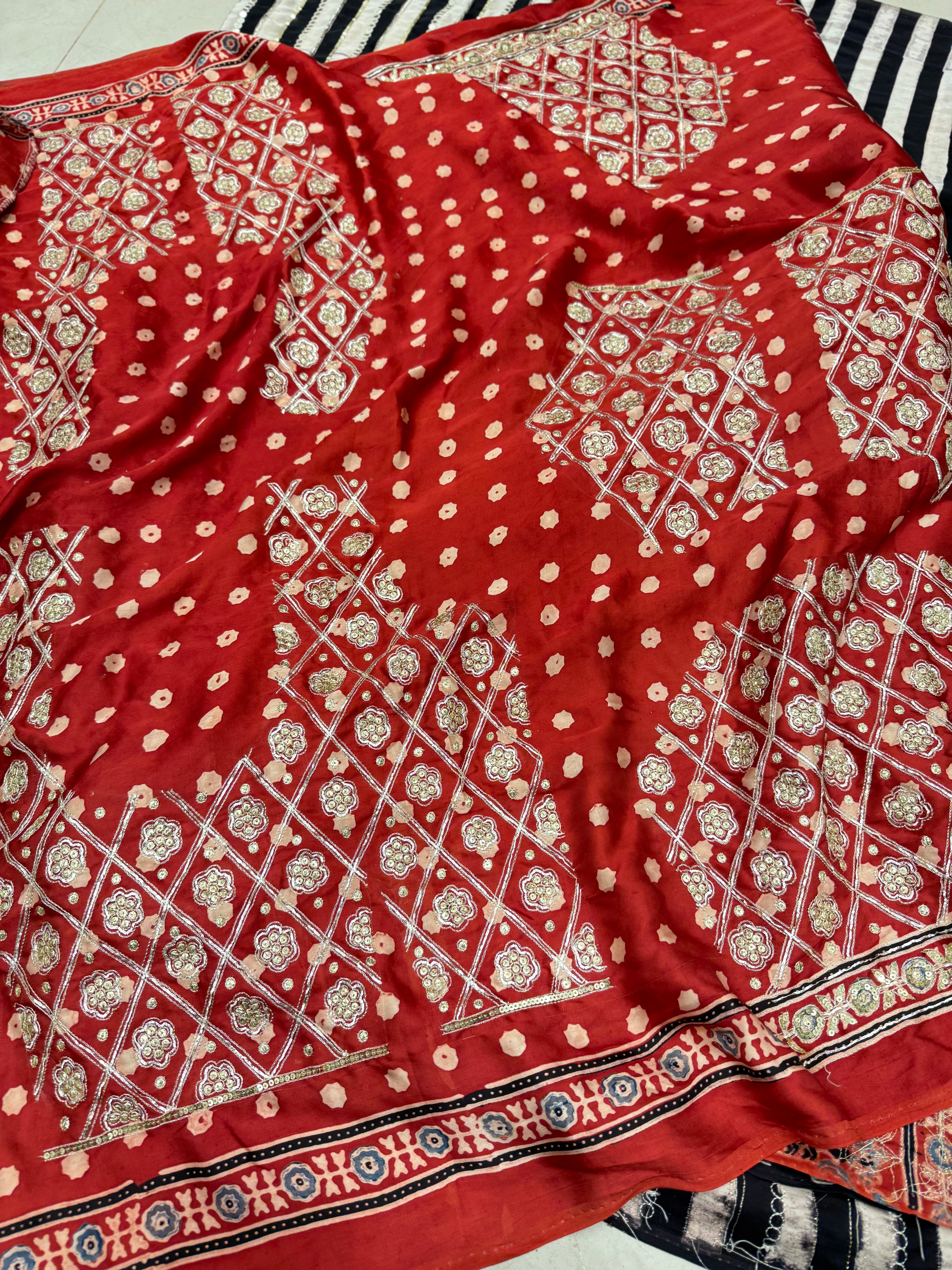 Black White Contemporary Mirror Ajrakh Hand Embroidery Saree