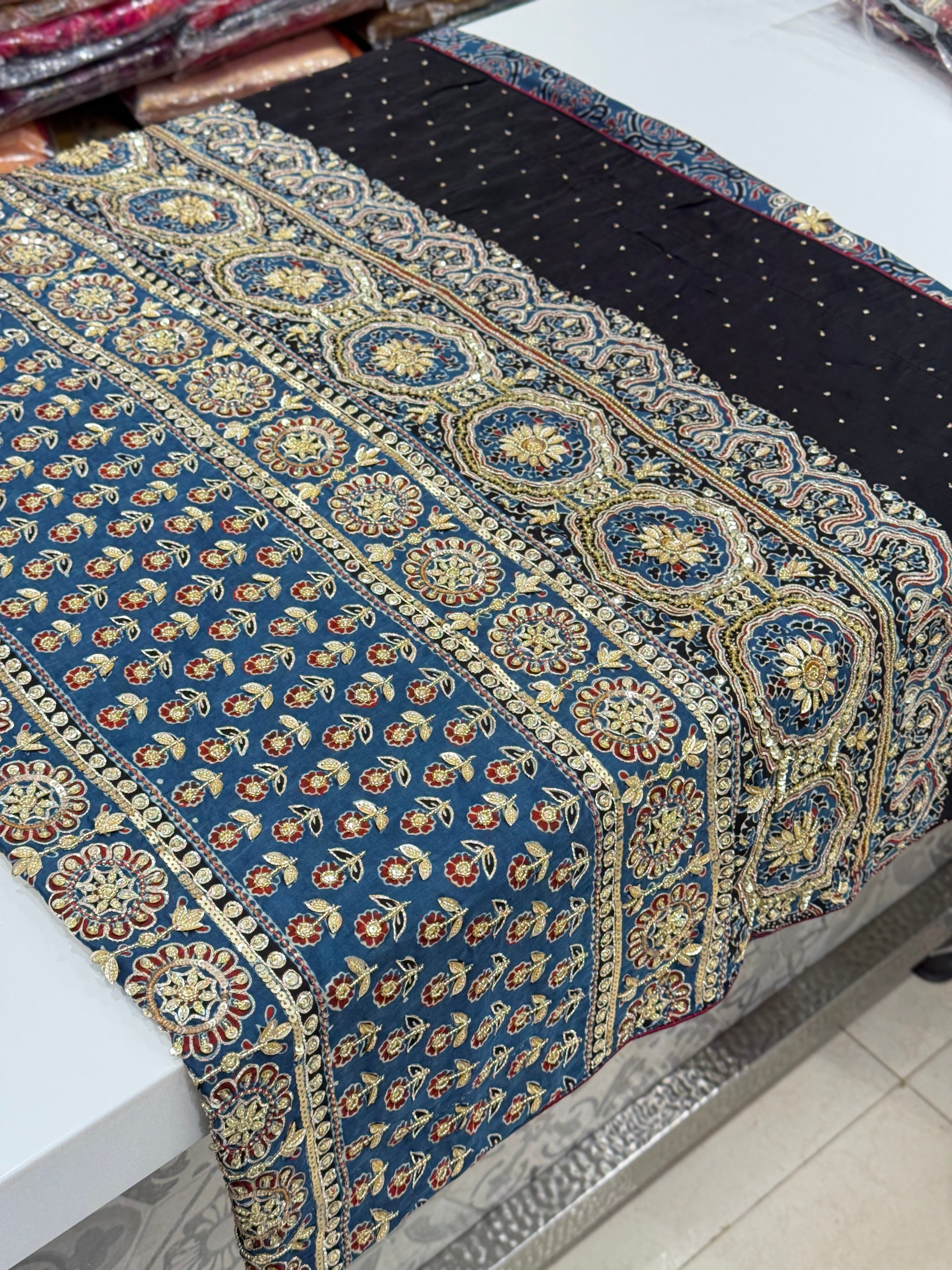 Blue Badam Jaal Pita Zardosi Sequin Ajrakh Hand Embroidery Saree