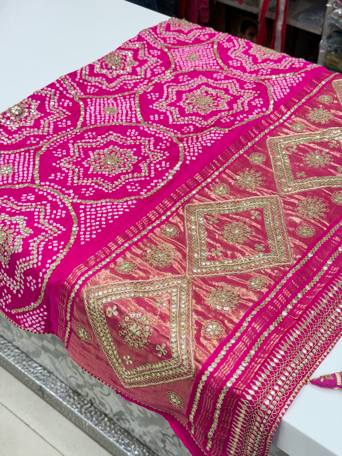 Rani Pink Faabiiana Inspired Gajji Silk Rai Bandhej Gotapatti Marodi Hand Embroidery Saree