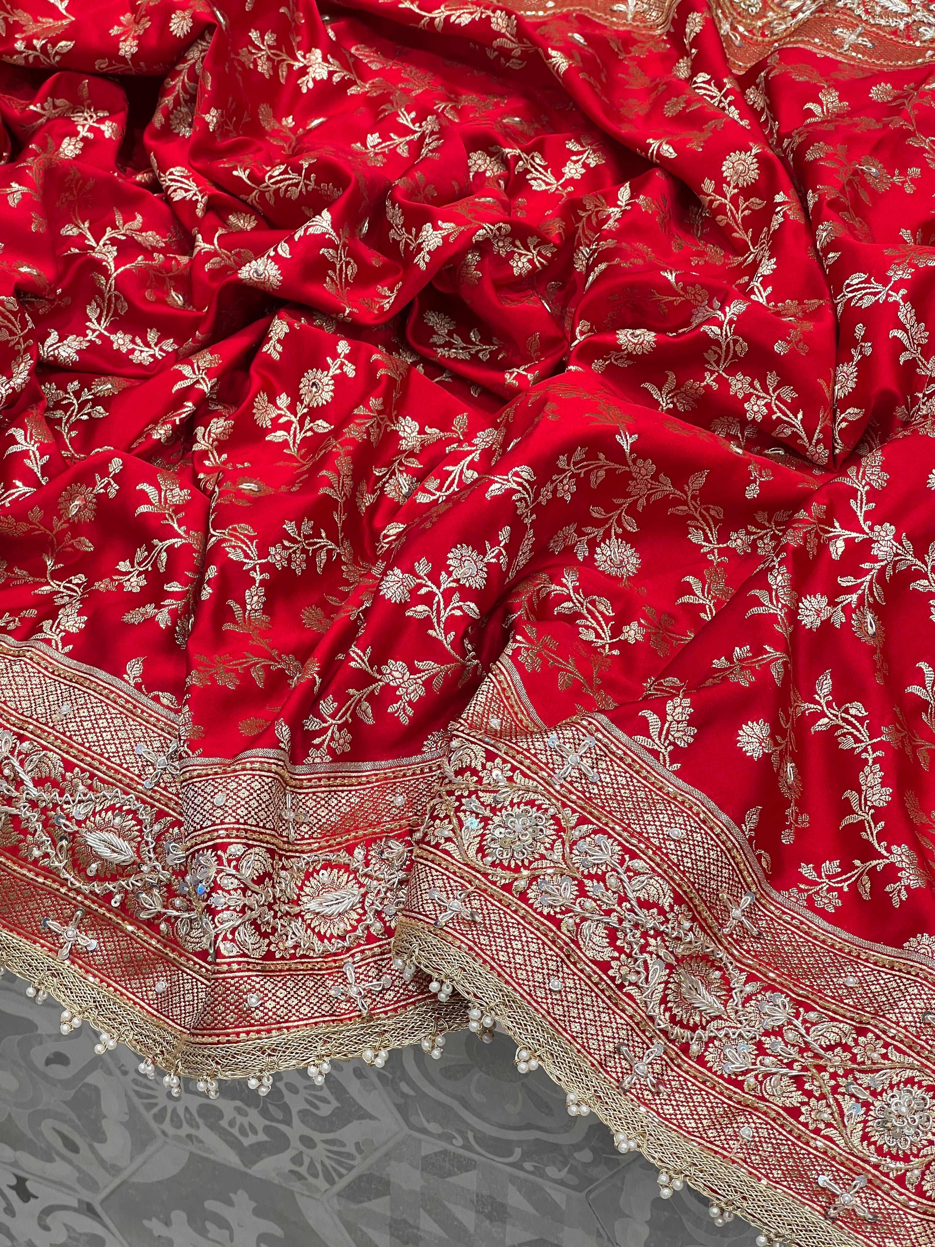 Red Banarasi Silk Flower Border Zardosi Hand Embroidery Saree