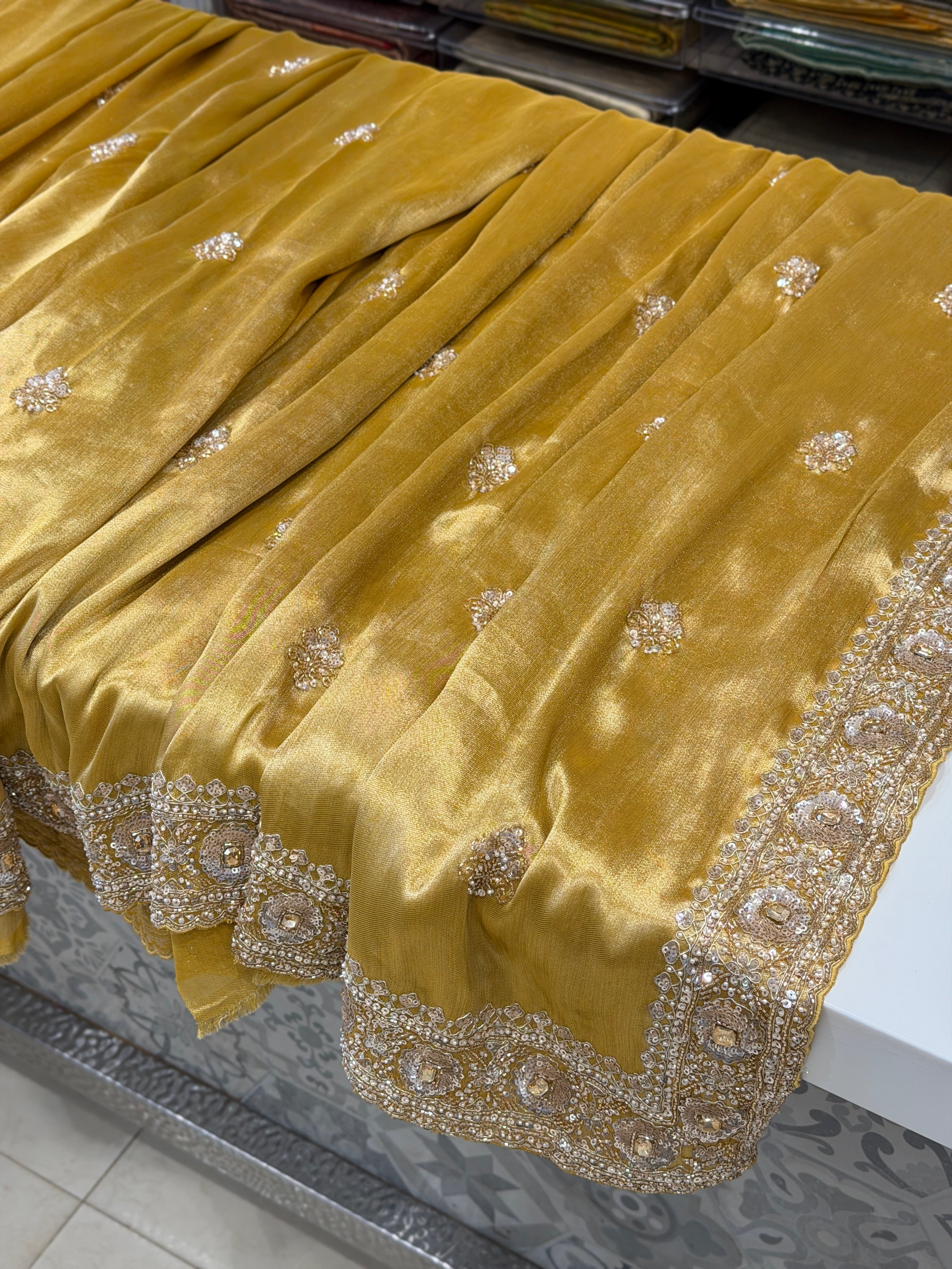 Yellow Tissue Half and Half Embroidery Cutdana Moti Jaal Saree