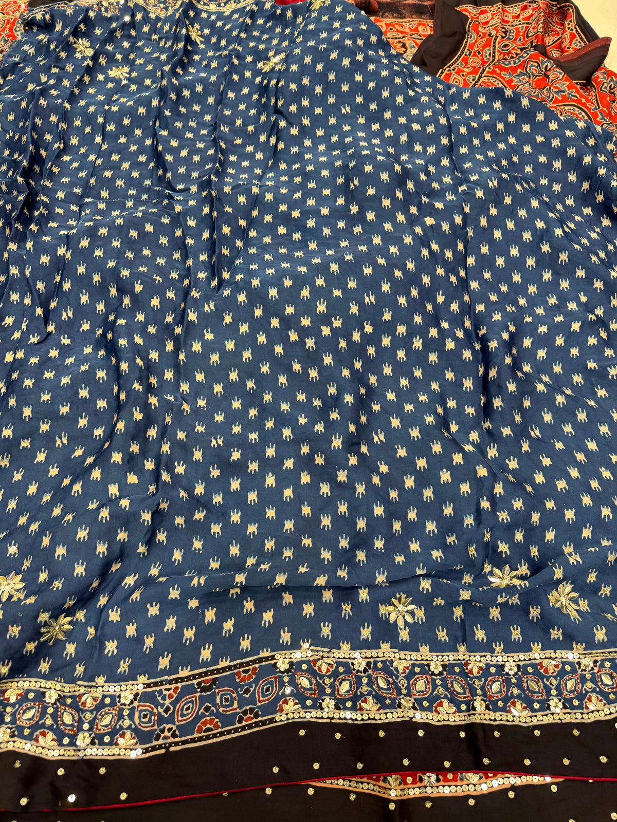 Red Blue Badam Jaal Ajrakh Sequin Moti Hand Embroidery Saree