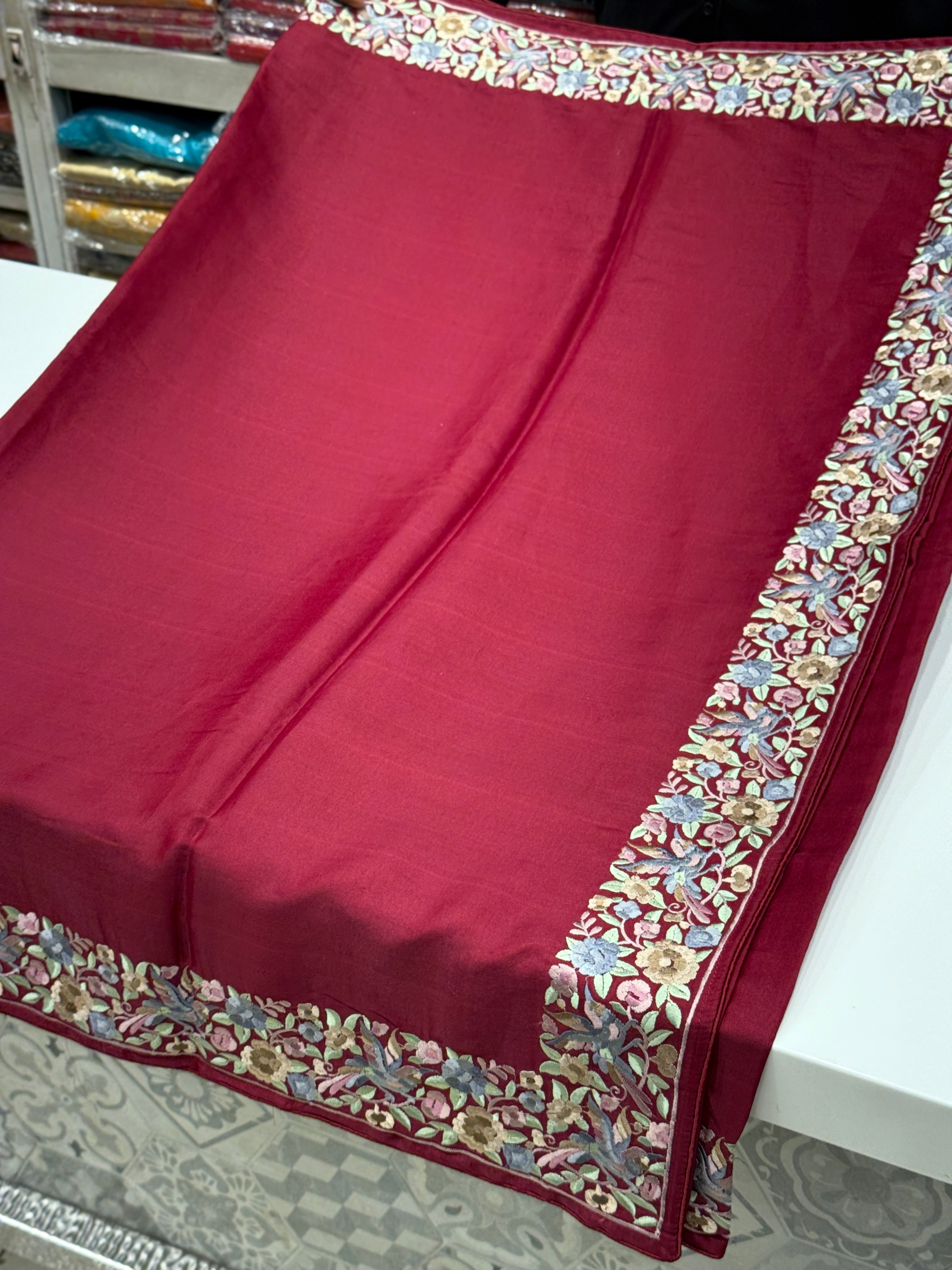 Maroon Silk Multi Colour Gara Border Saree