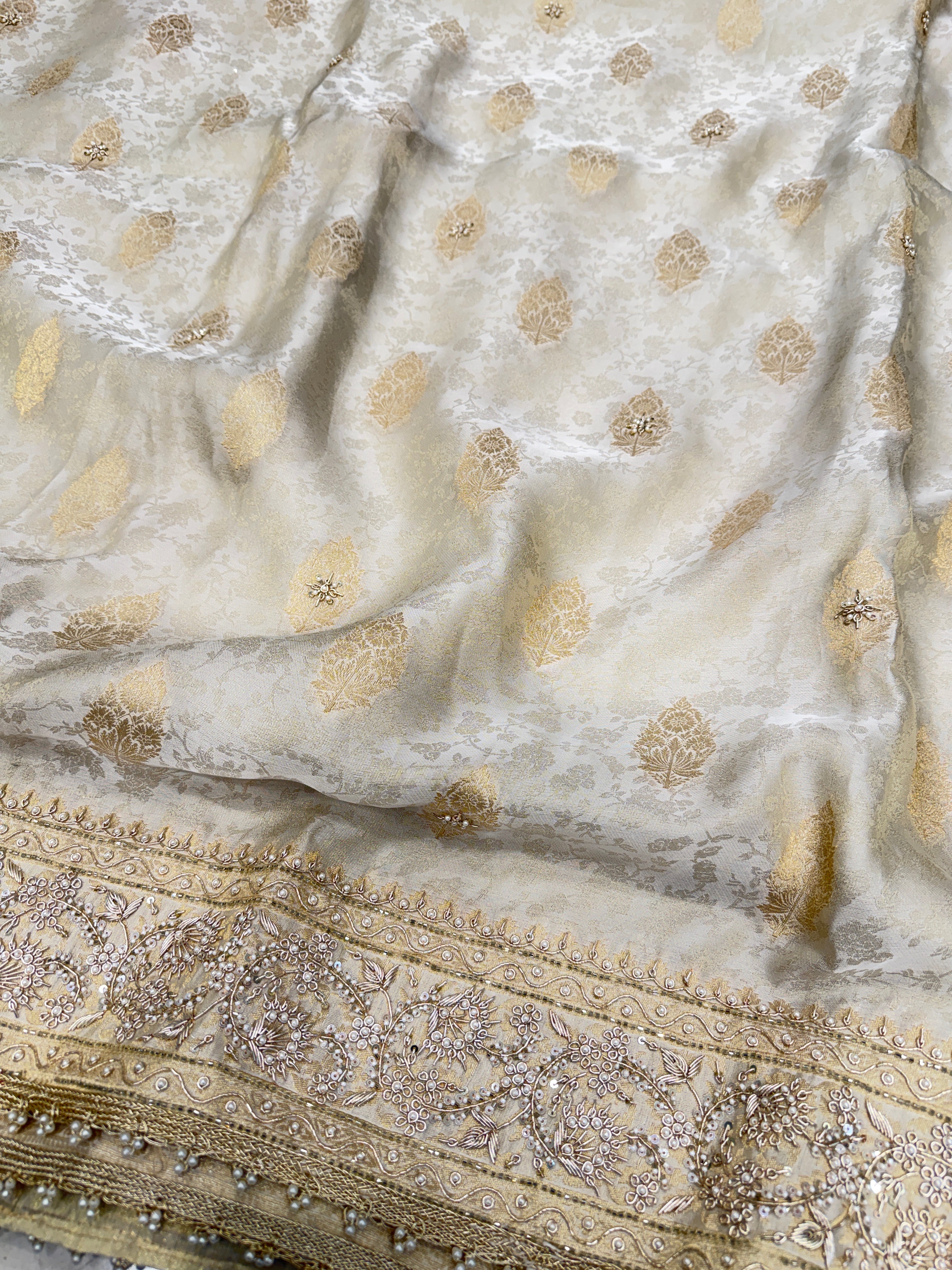 Creme Jaquard Weave Satin Zardosi Hand Embroidery Saree