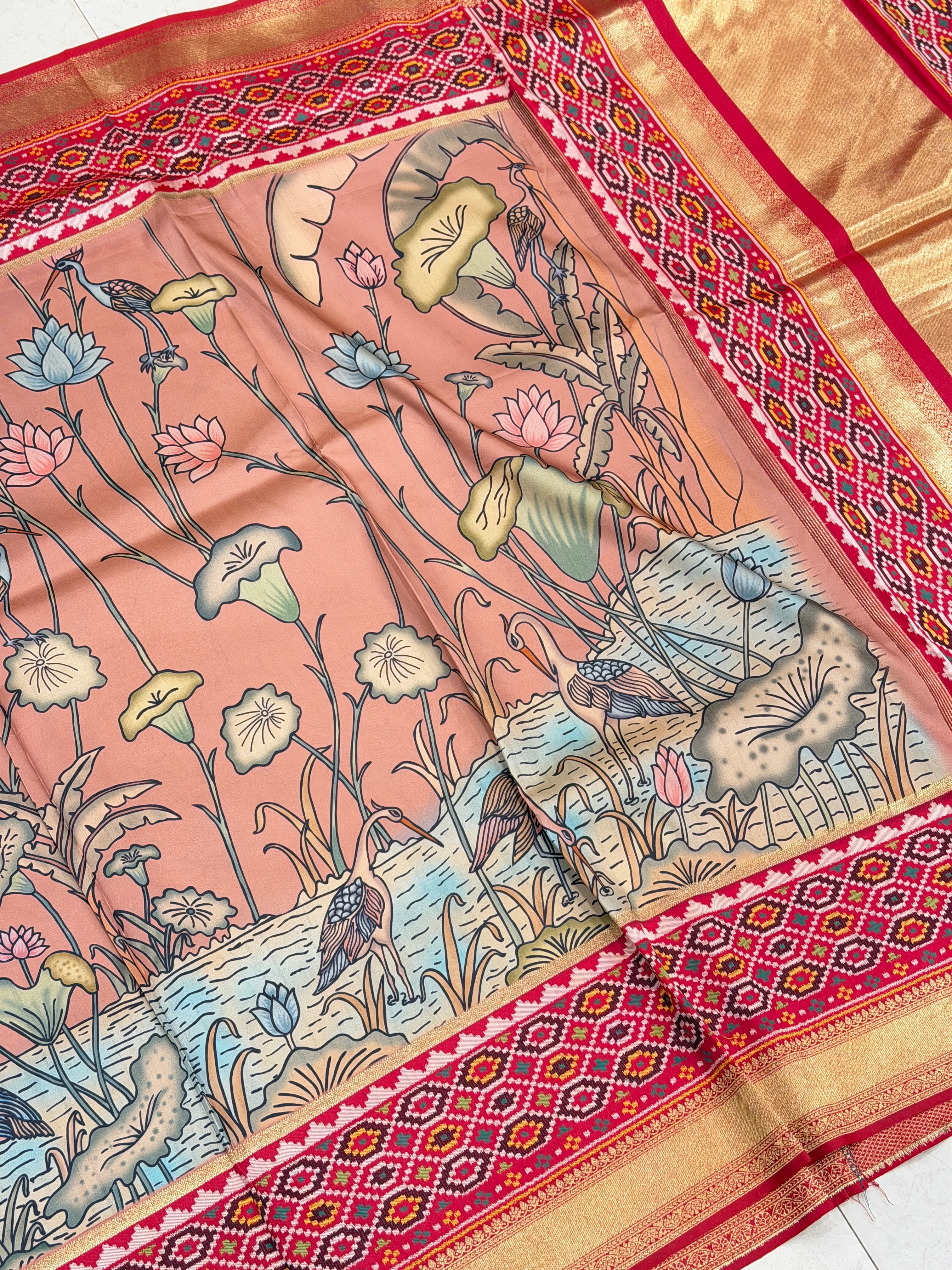 Pink Kalamkari Print Patola Weaved Soft Silk Saree