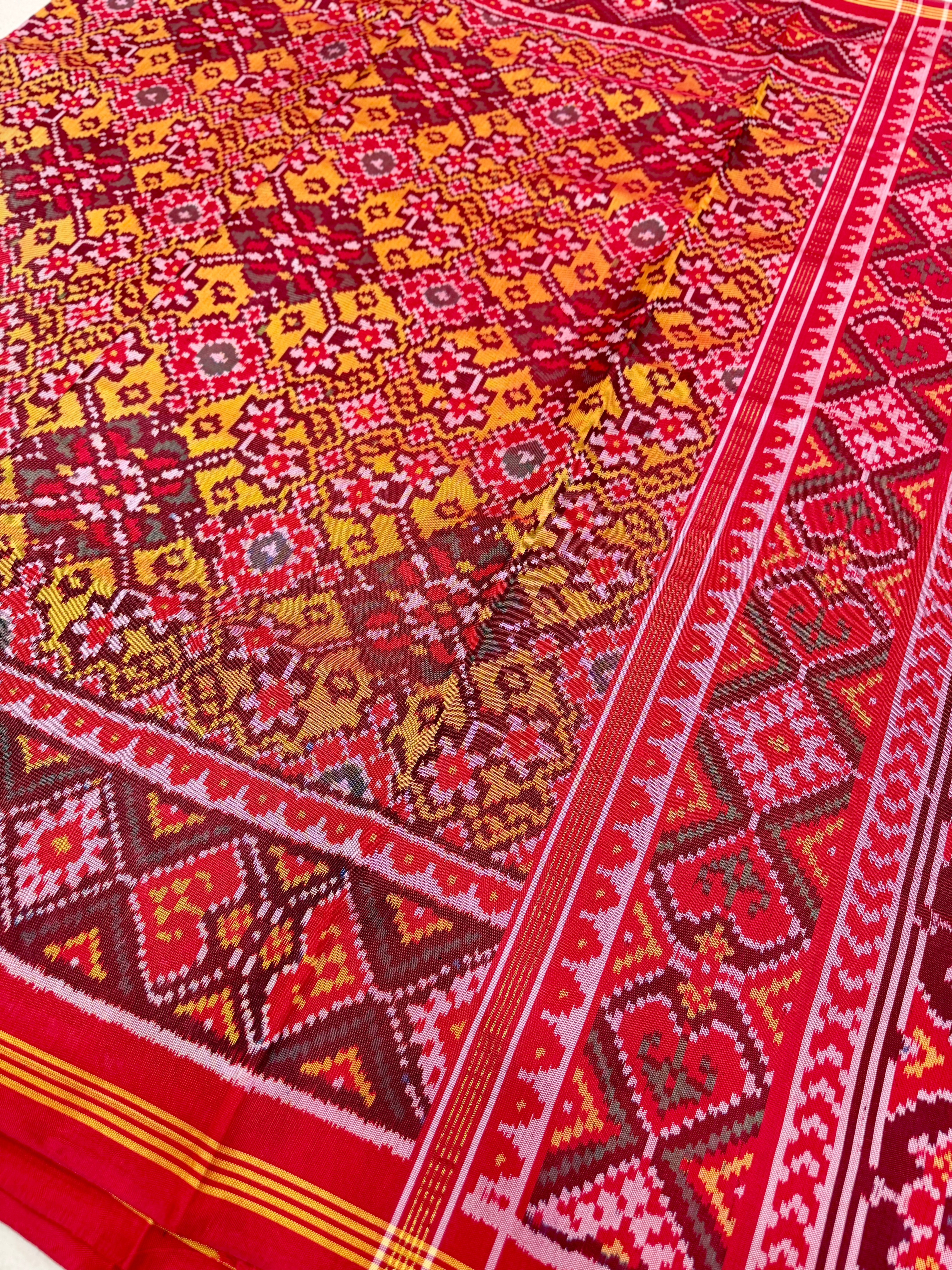 Yellow Red Pure Silk Manek Chowk Handloom Patola Saree