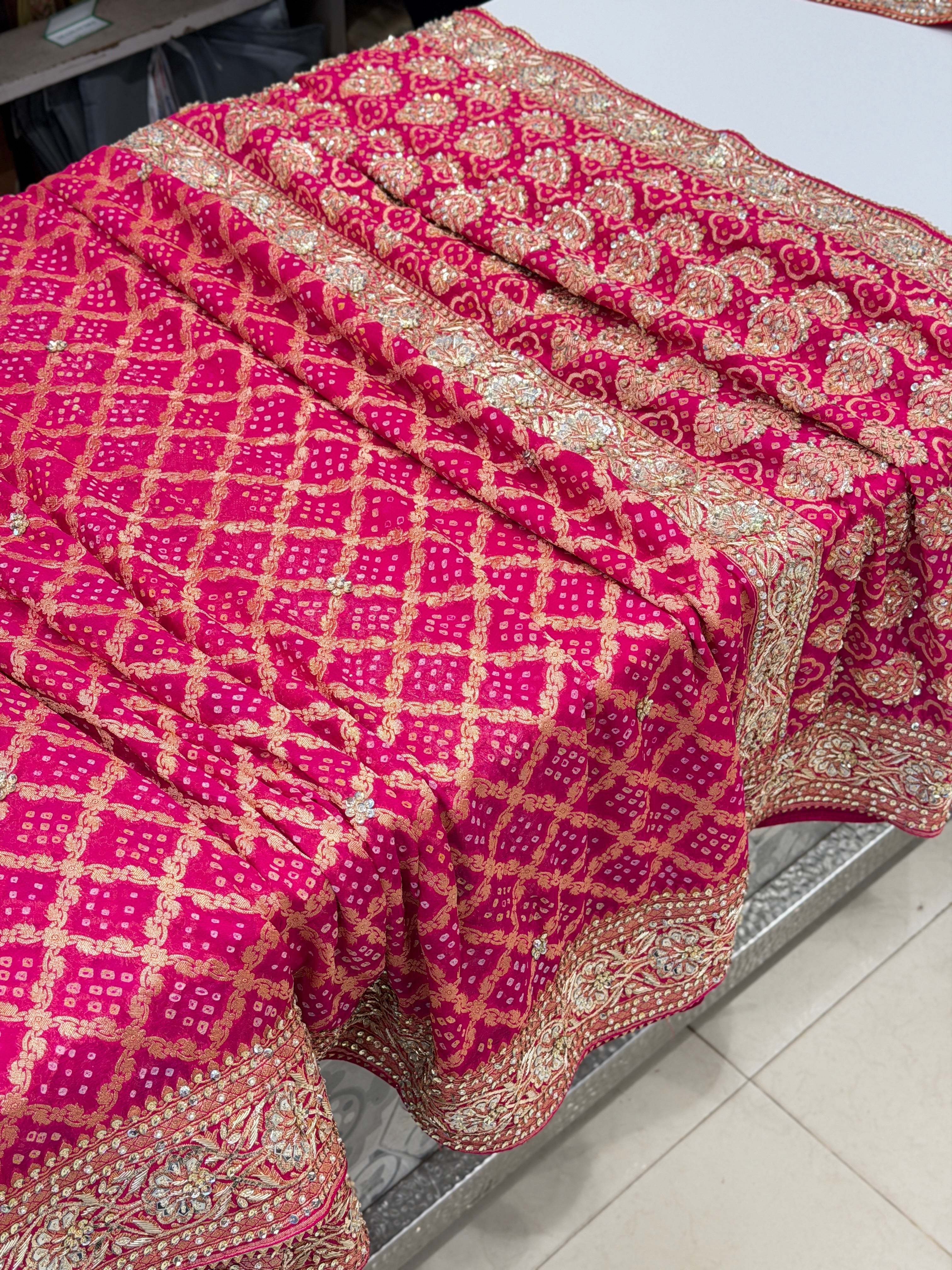 Rani Pink Bandhej Zardosi Pita Hand Embroidery Saree