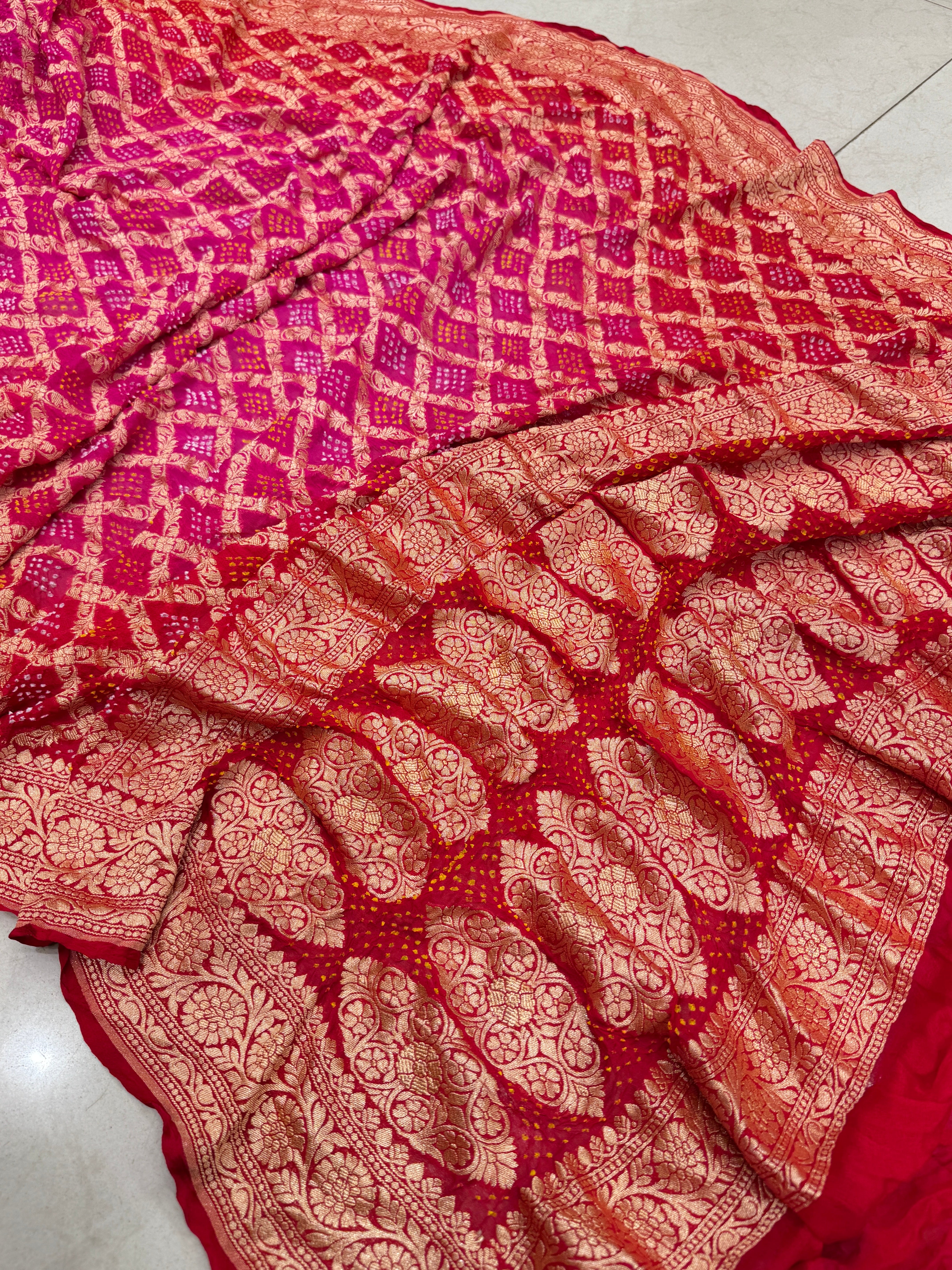 Red Rani Shaded Bandhej Bandhini Saree