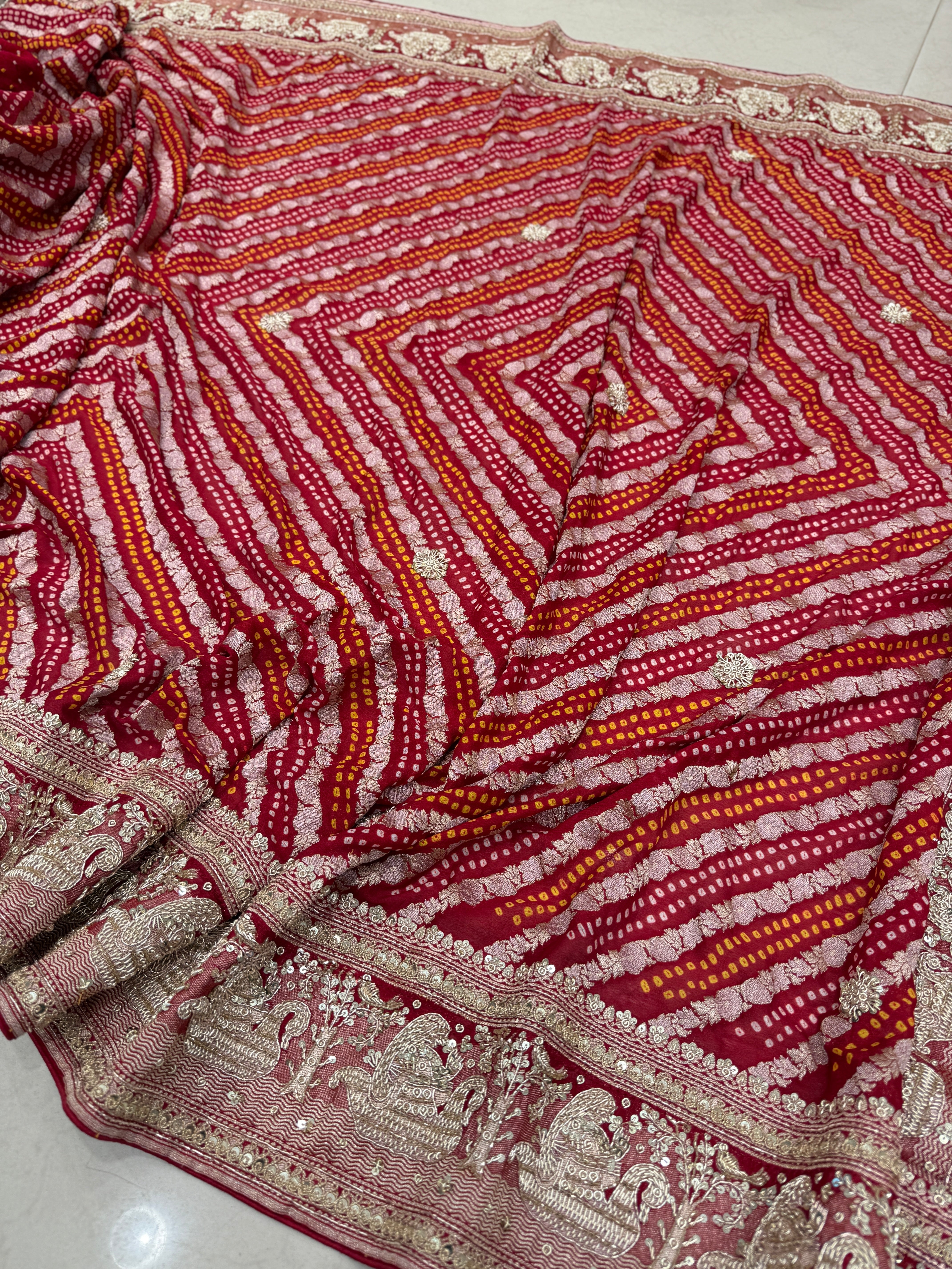 Red Sona Roopa Rai Bandhej Georgette Zardosi Hand Embroidery Saree