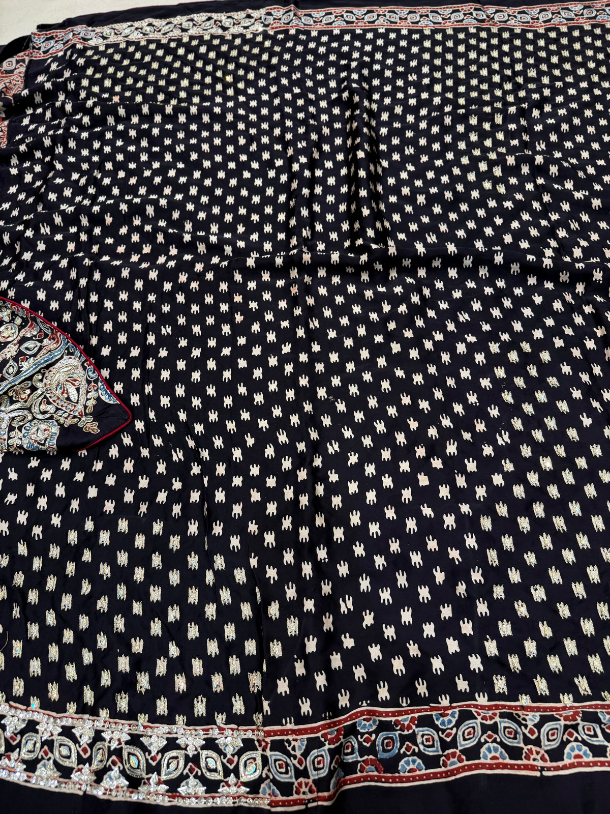 Black Badam Jaal Pita Zardosi Sequin Ajrakh Hand Embroidery Saree
