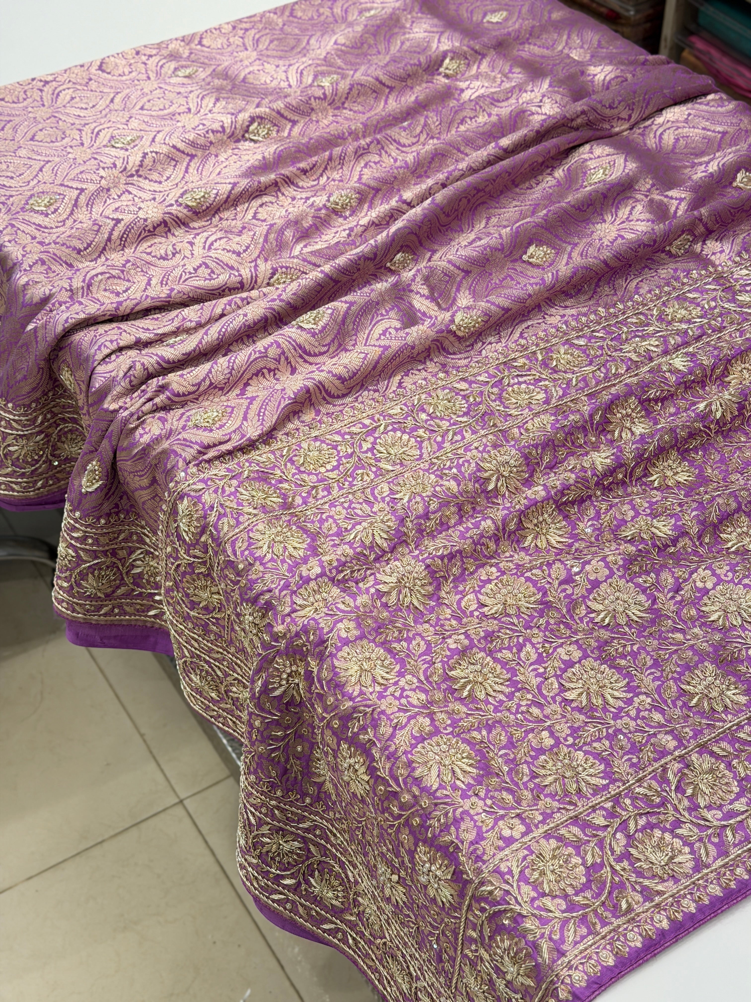 Lilac Brocade Handloom Banarasi Pure Katan Zardosi Embroidery Saree