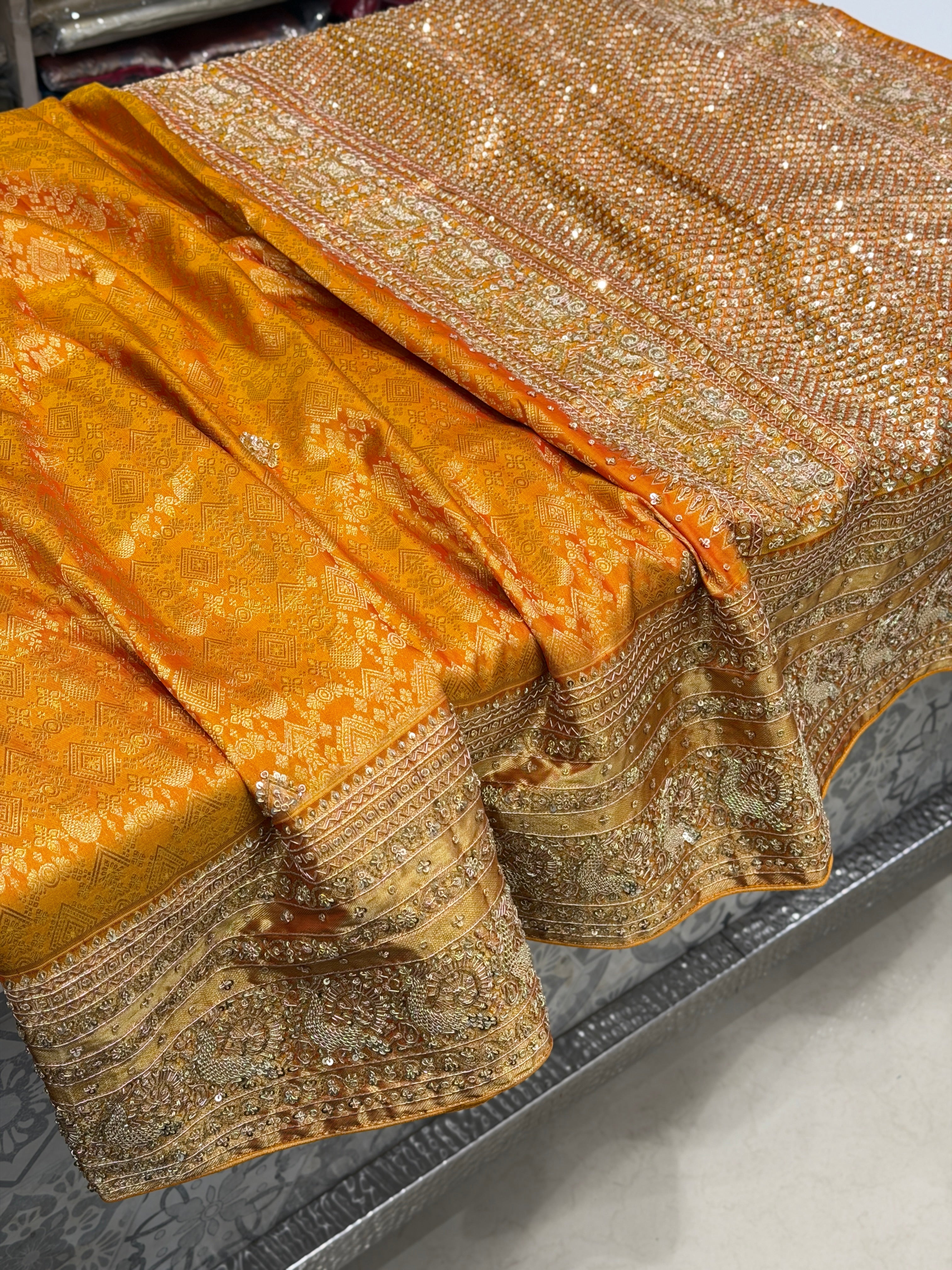 Mustard Yellow Kanjivaram Peacock Motif Hand Embroidery Zardosi Saree