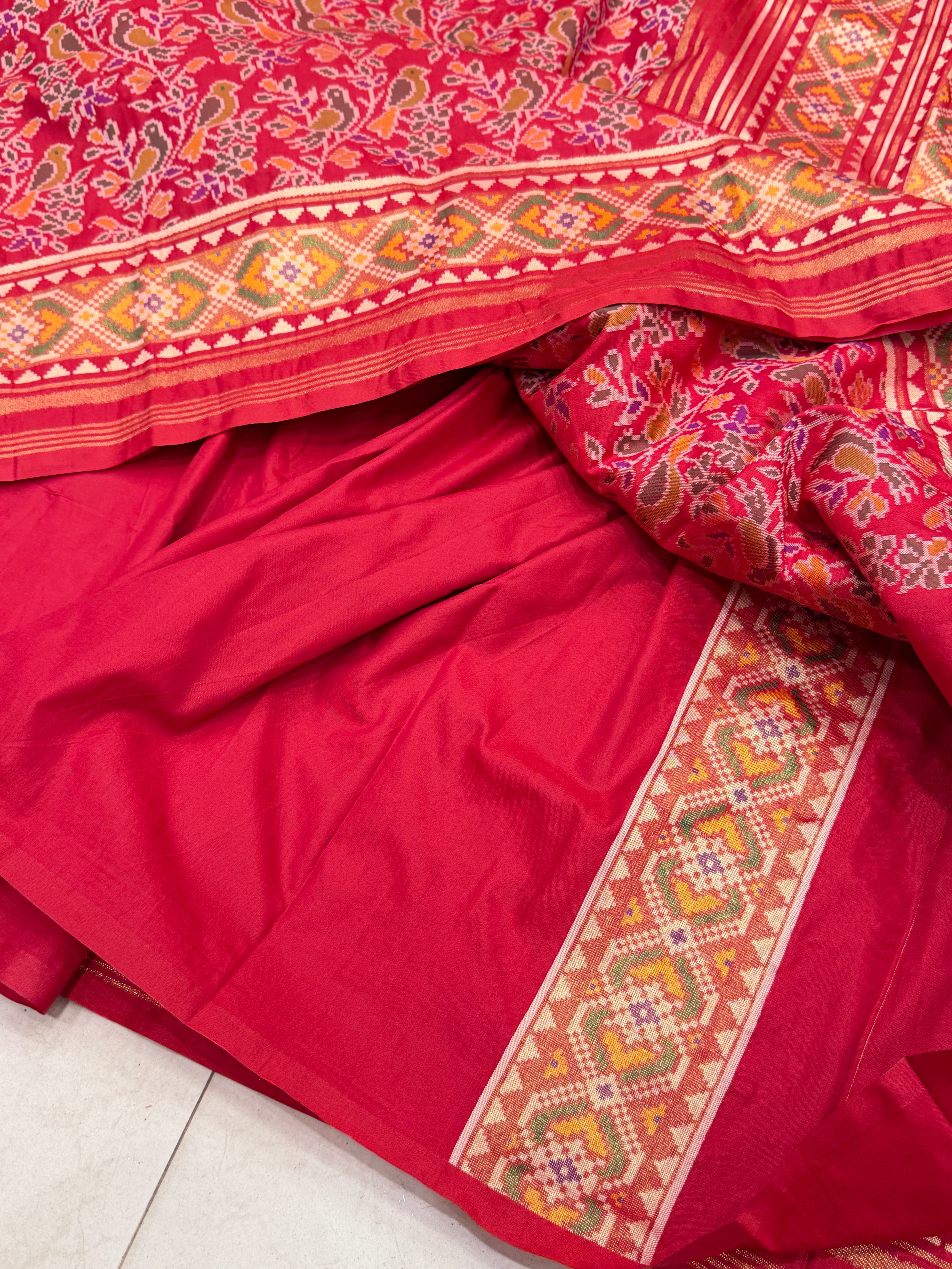 Red Popat Bhat Semi Silk Weaved Patan Patola Saree