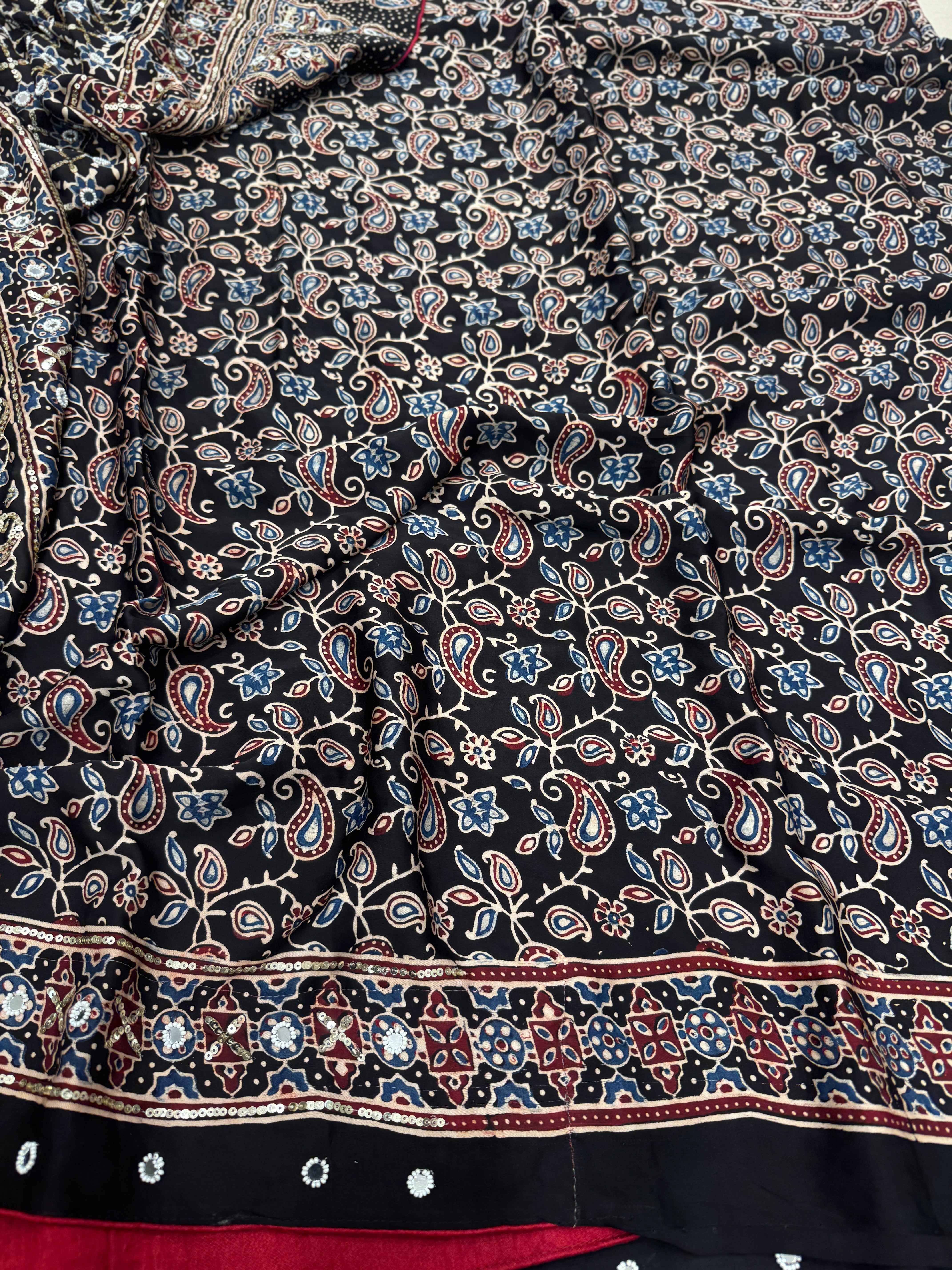 Black Badam Buttas Ajrakh Sequin Mirror Moti Hand Embroidery Saree