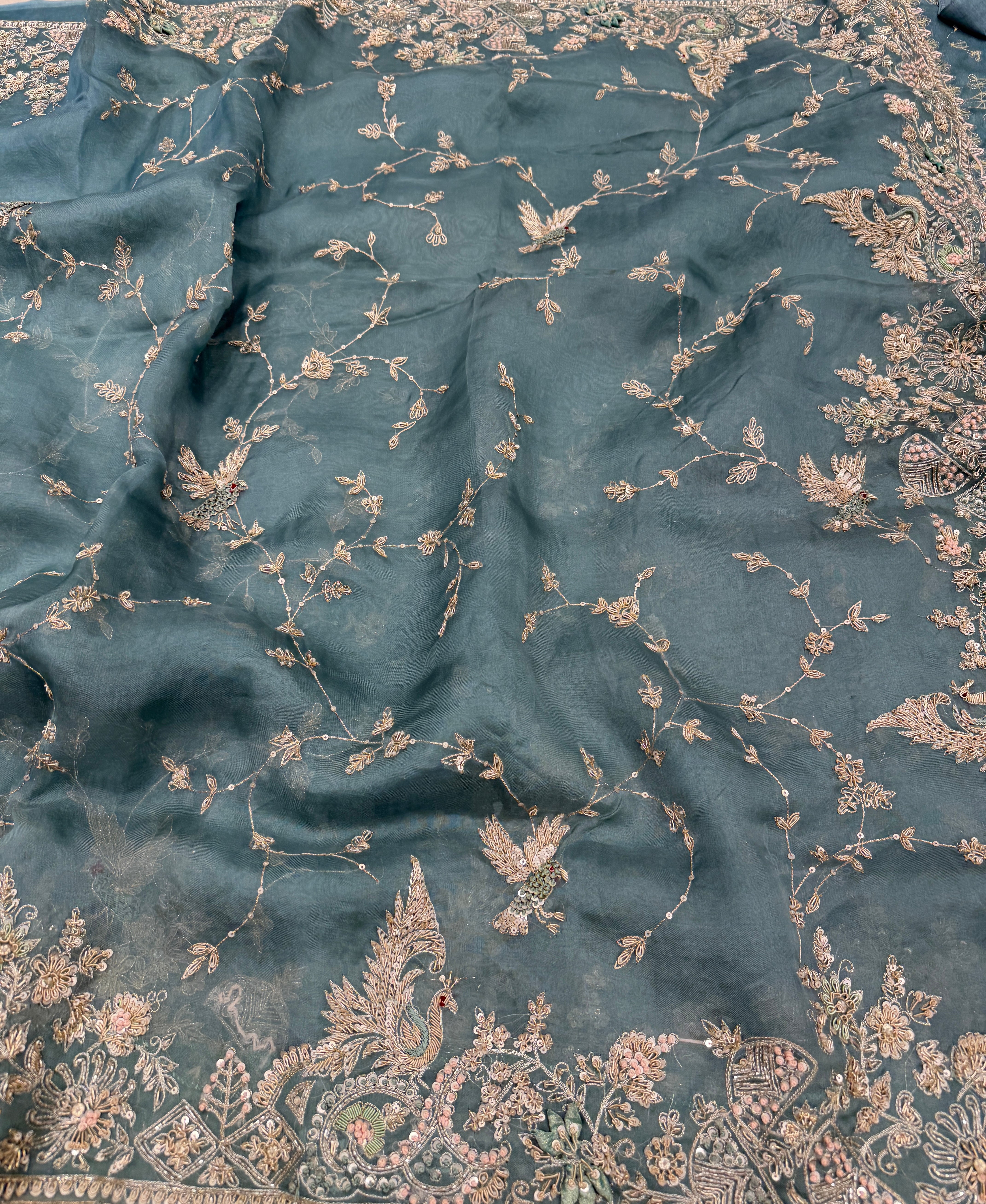 Sea Green Organza Zardosi Peacock Flying Bird Jaal Hand Embroidery Saree