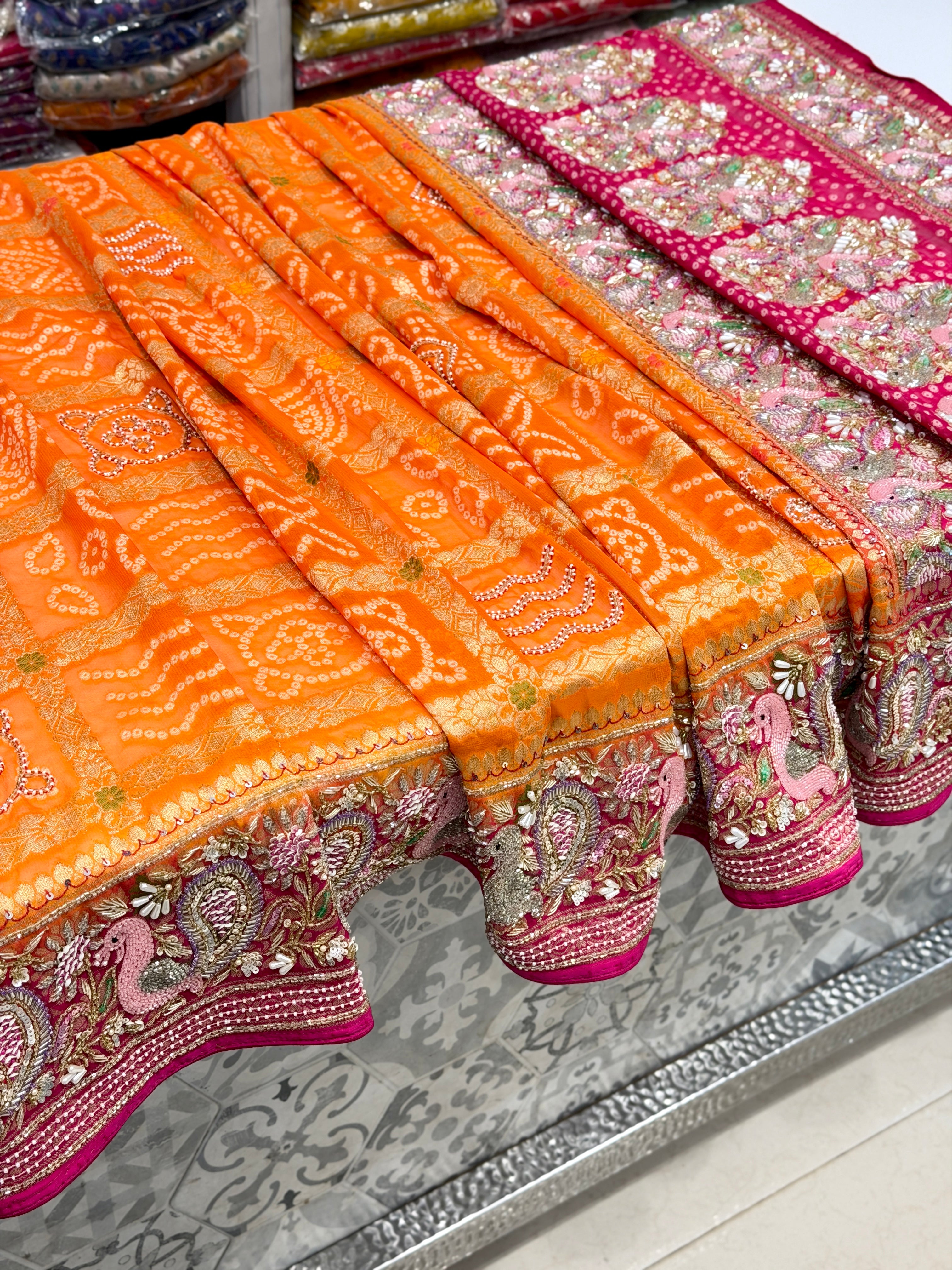 Orange Rani Gharchola Moti Sequin Zardosi Hand Embroidery Georgette Saree
