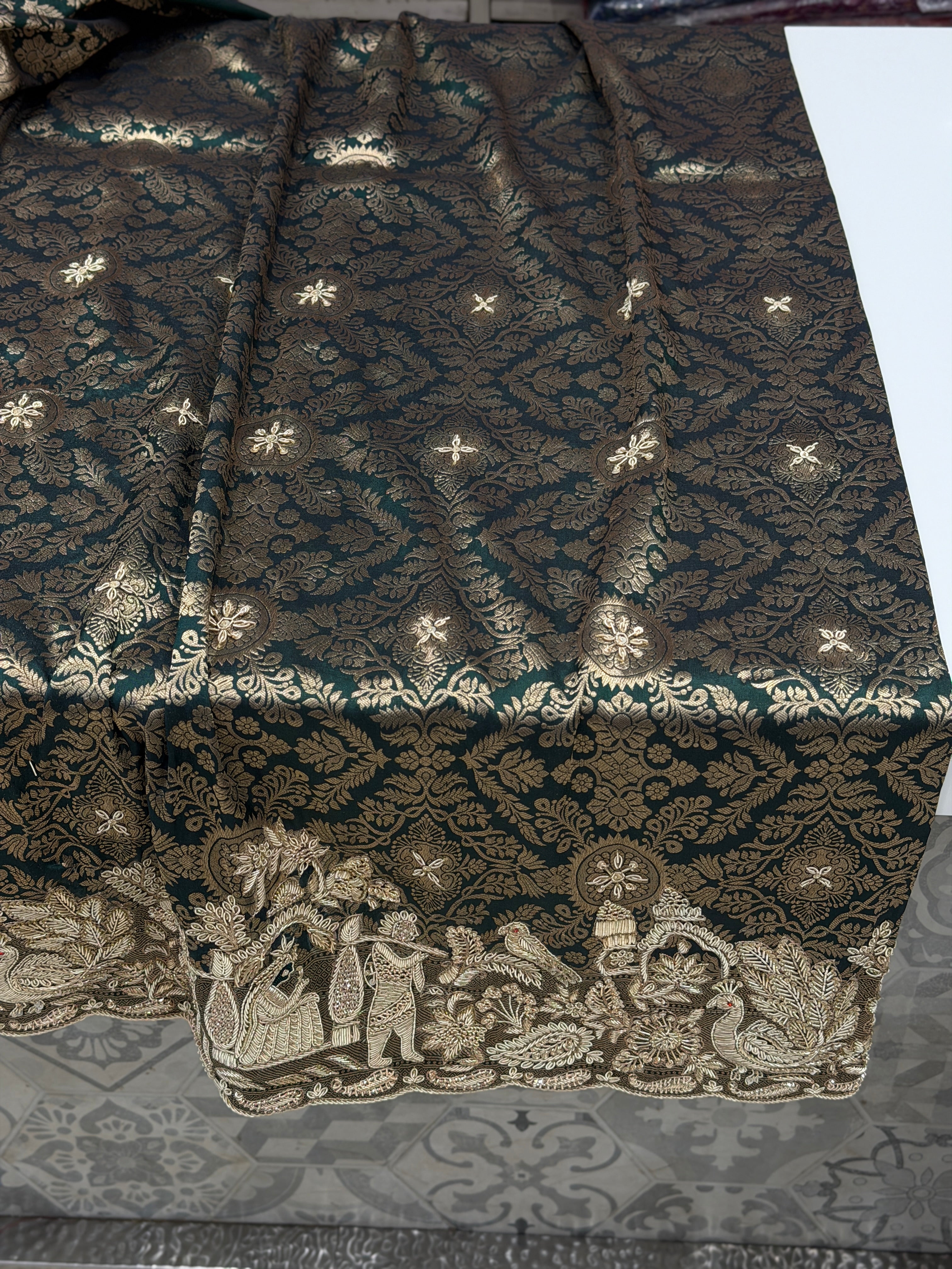 Bottle Green Handloom Banarasi Pure Katan Doli Zardosi Embroidery Saree