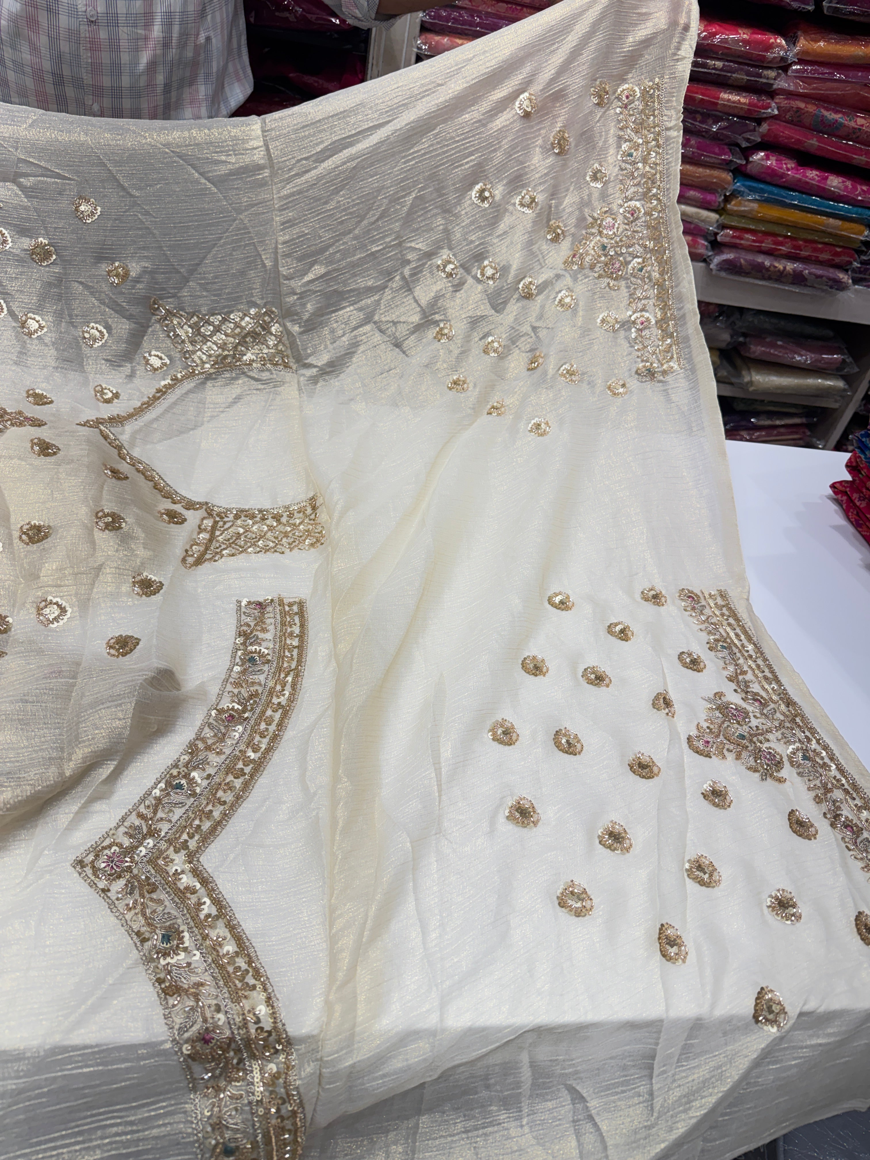 Golden Crushed Soft Tissue Zari Cutdana Embroidered Saree
