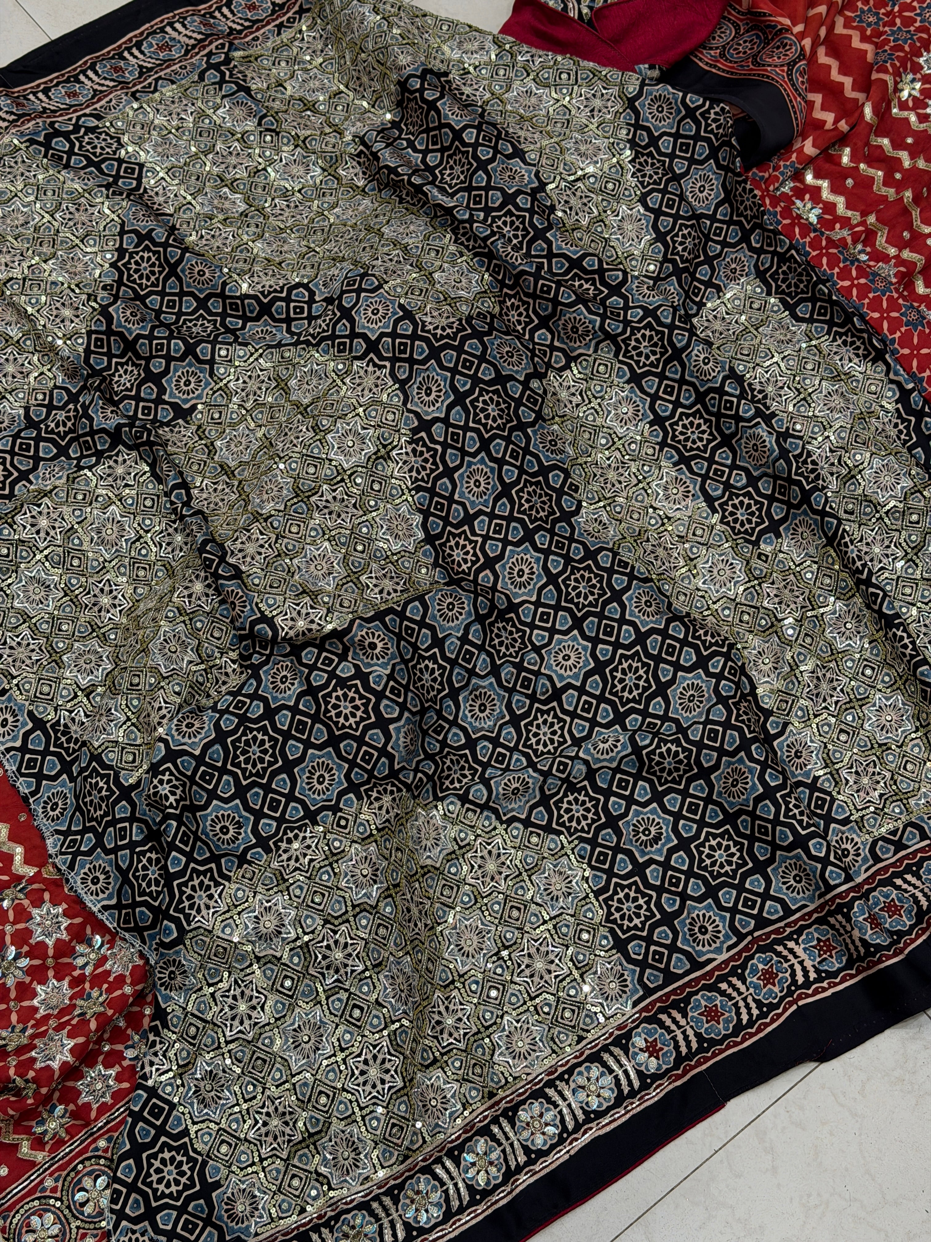 Red Black Jaal Pita Sequin Ajrakh Hand Embroidery Saree