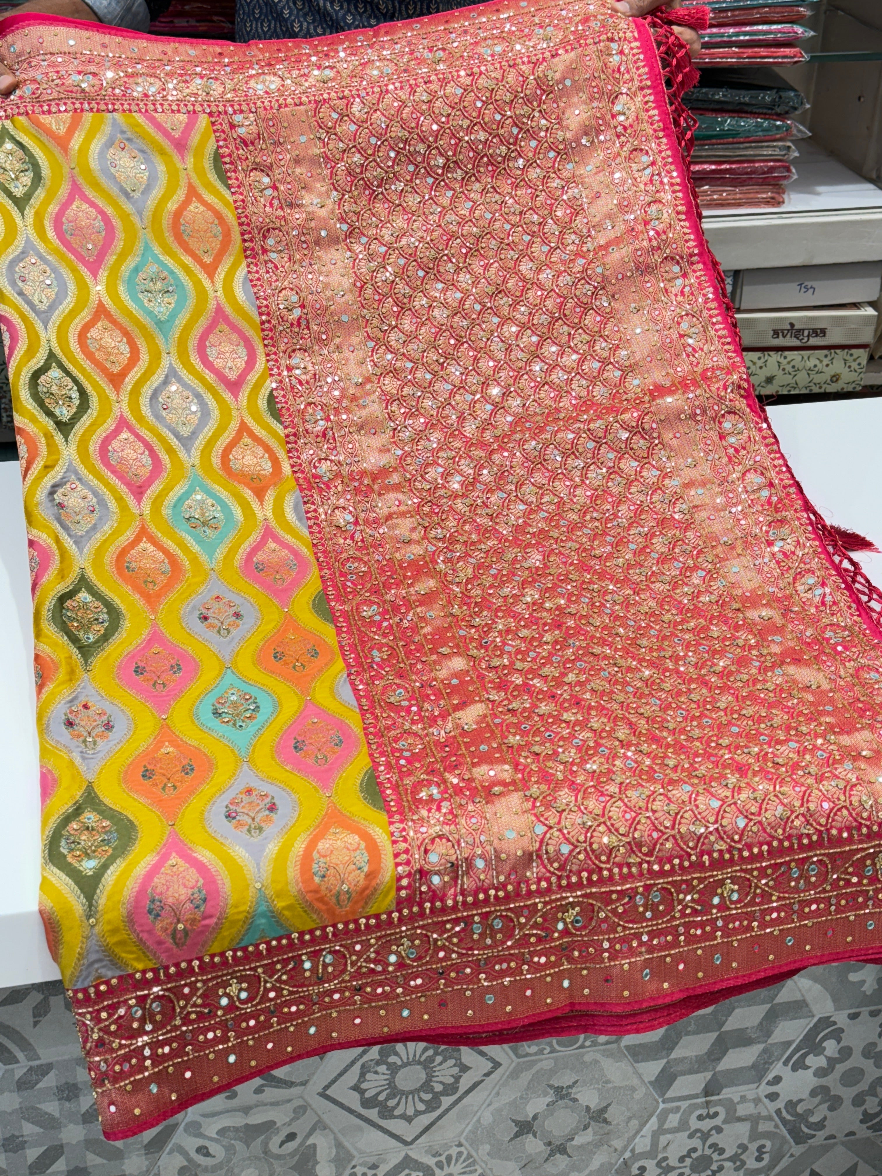 Yellow Rangkat Modal Satin Hand Embroidery Saree