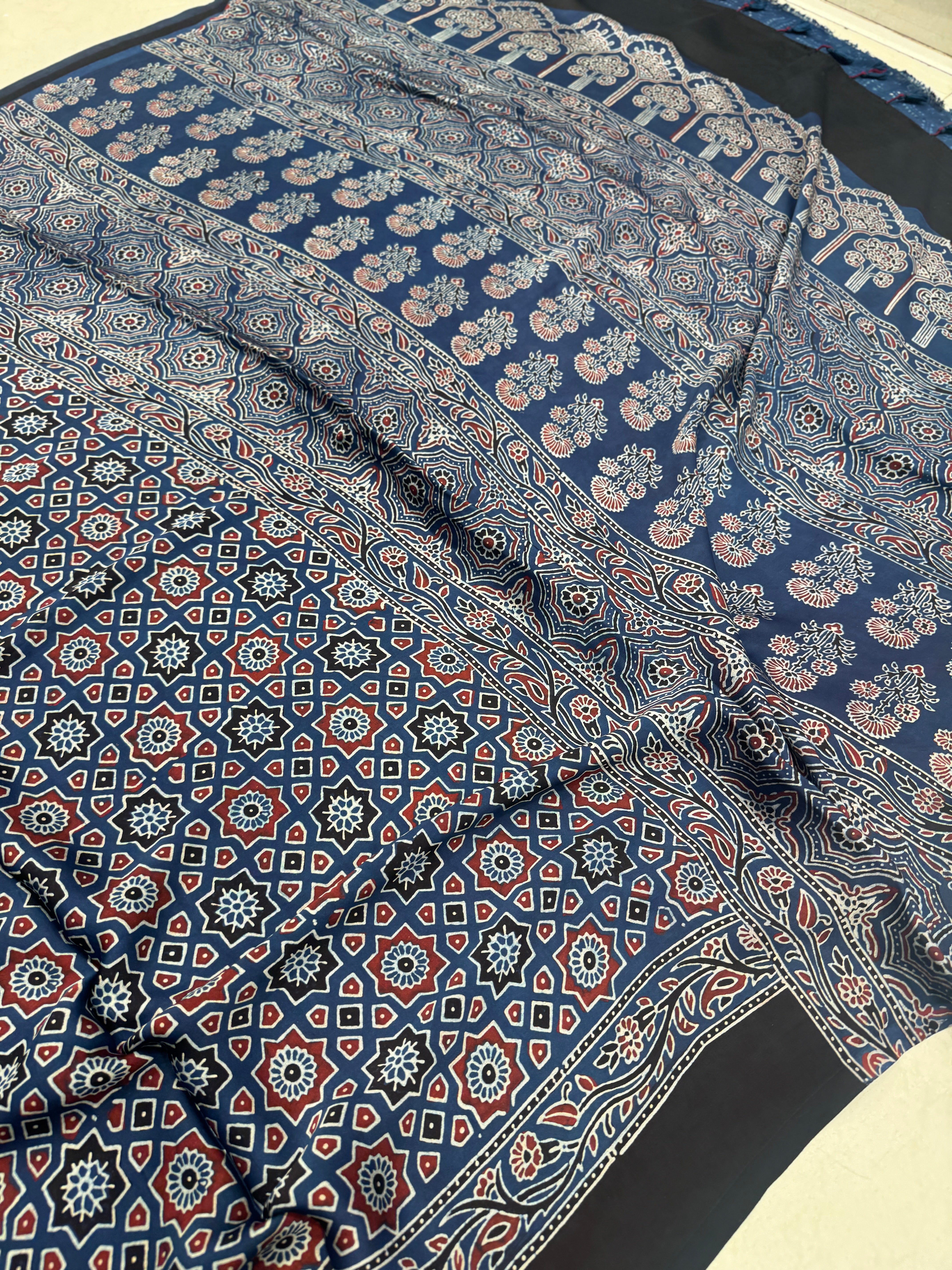 Blue Star Buttas Hand Block Print Ajrkah Pure Gajji Silk Saree