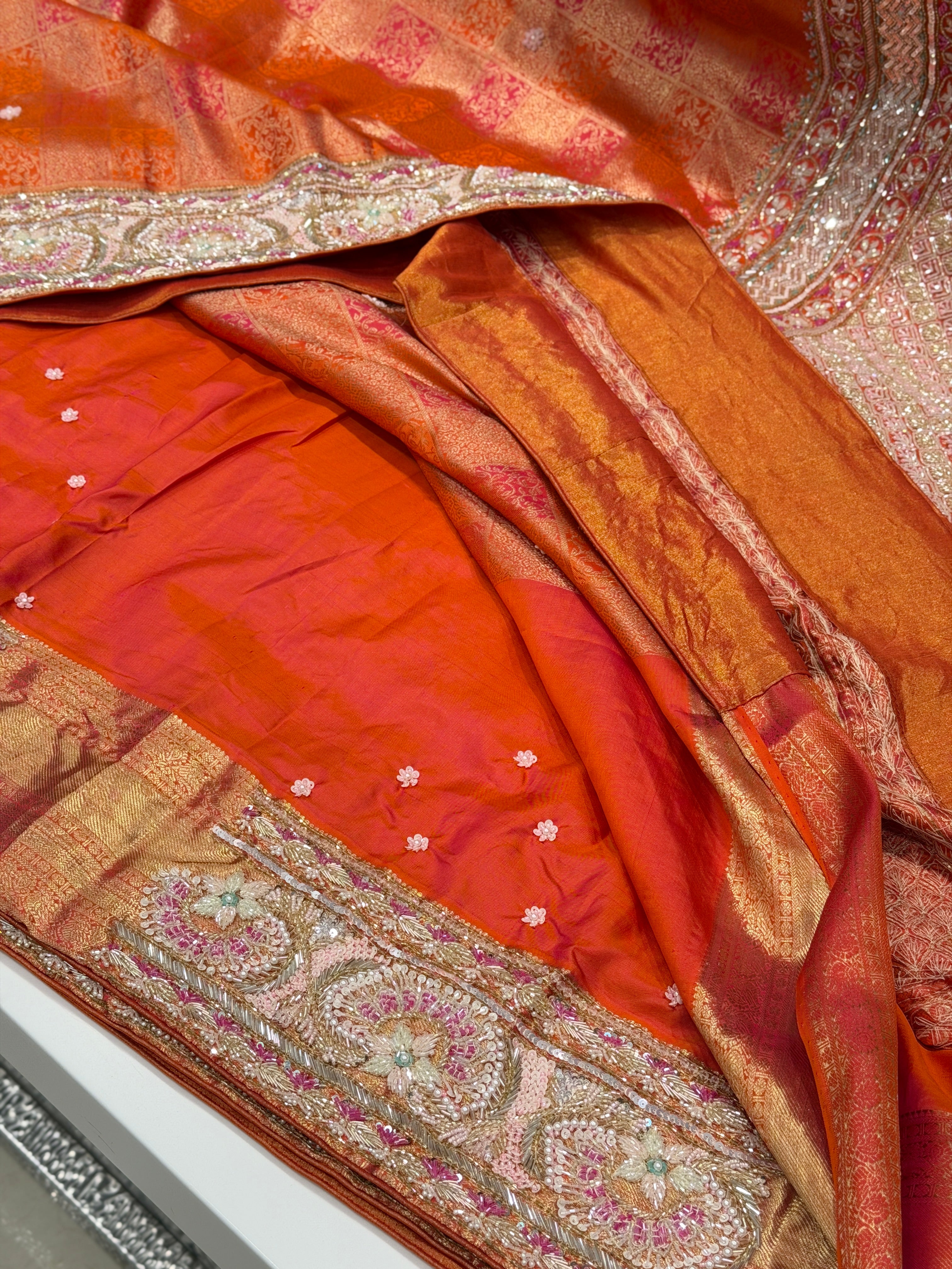 Rust Orange Kanjivaram Moti Zardosi Hand Embroidery Saree
