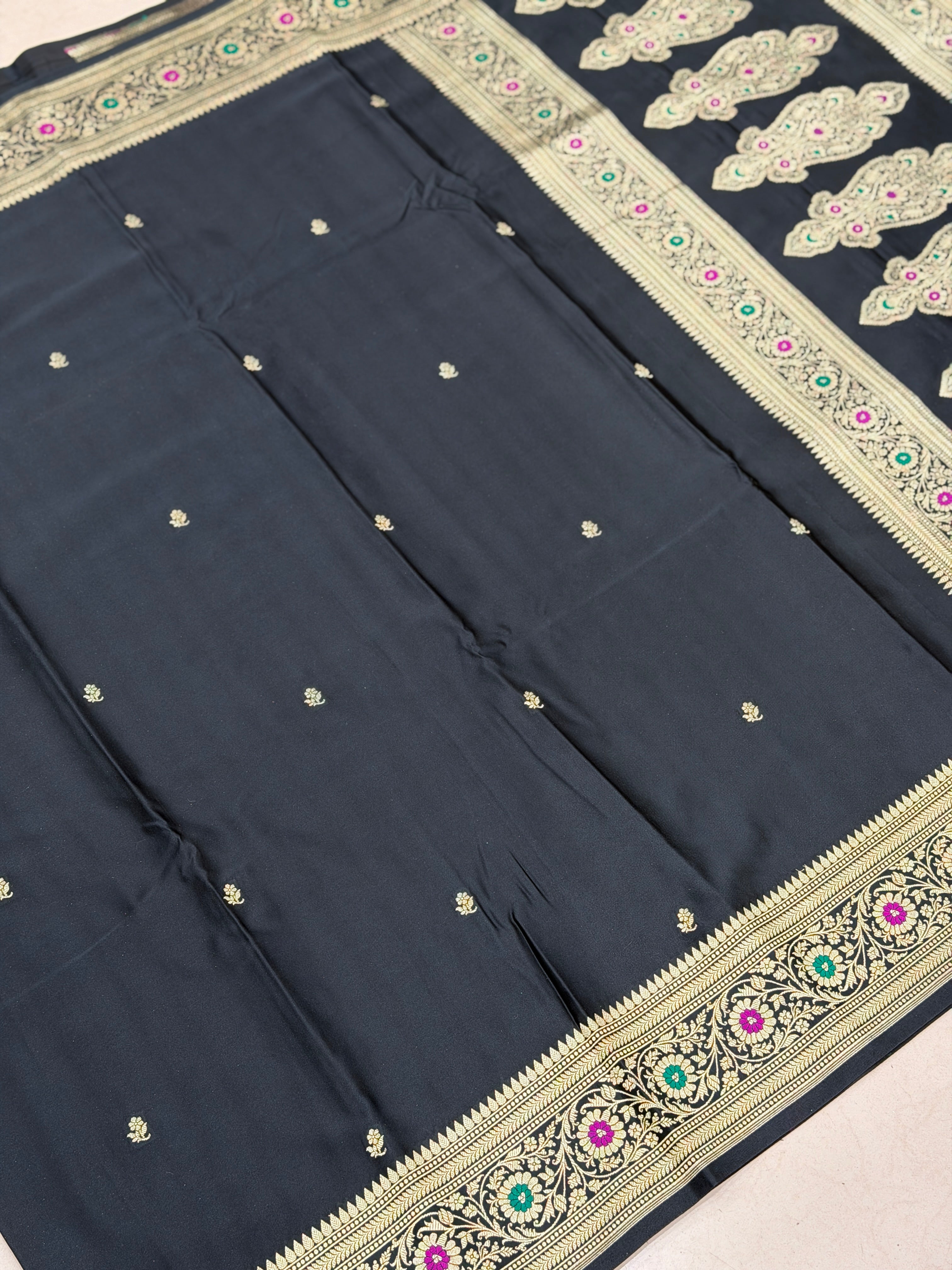Black Banarasi Silk Floral Buttis Meenakari Border Silk Saree